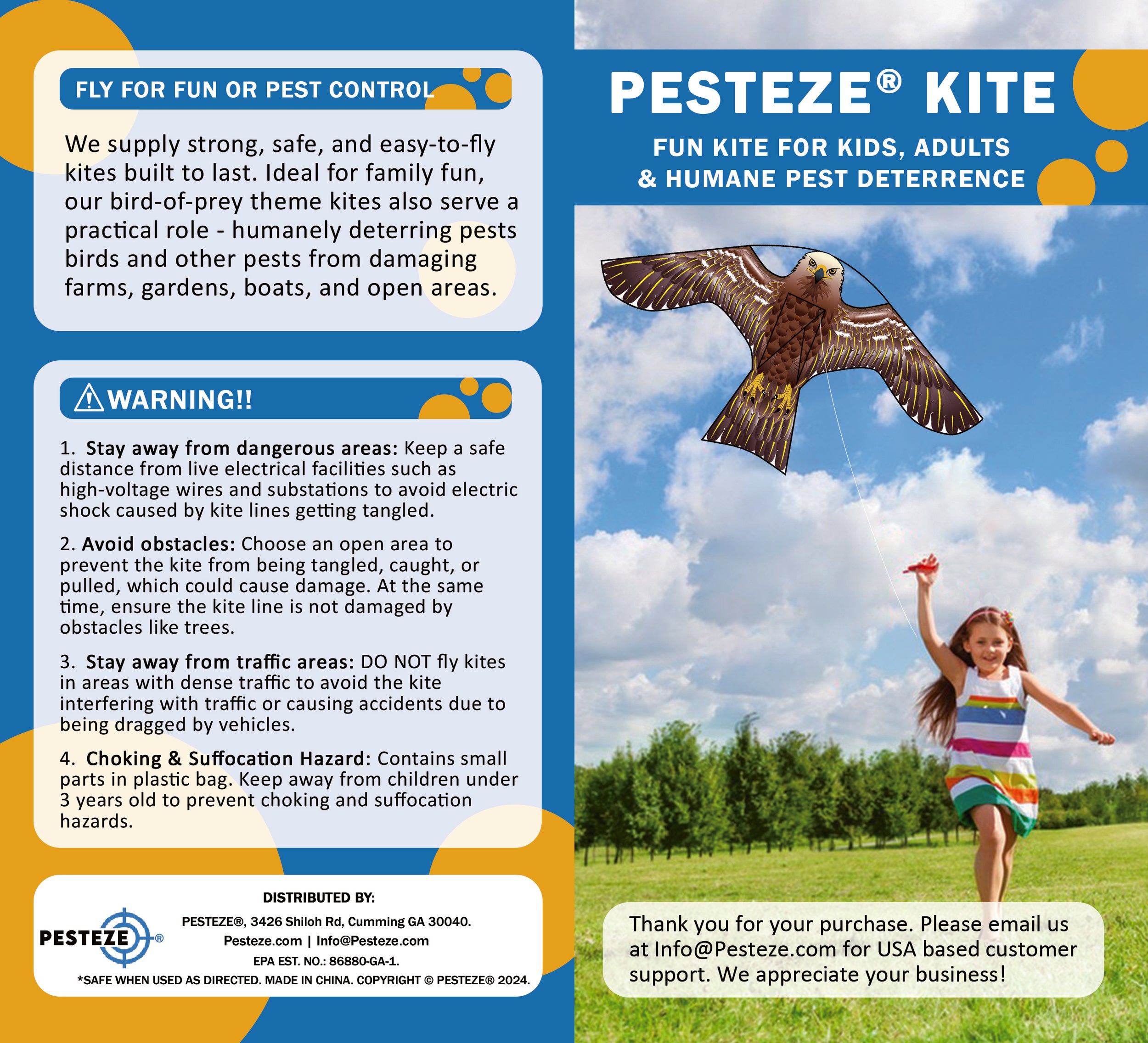 PESTEZE® USA Hawk Kite [2 Pack - 47x27 Inch Kite]. EZ and Fun to Fly. Also Provides Humane Bird Deterrence in Yards & Farms. Protects Vegetables, Fruits & Crops from Pest Birds