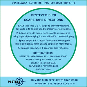 PESTEZE® Dual Sided Holographic Reflective & Sound Bird Scare Tape [2 Inch x 360 ft] Use in Yards & Farms to Protect Vegetables, Fruits, Crops & Buildings from Pest Birds & Critters without Harming them