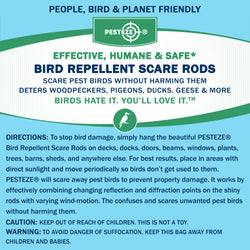PESTEZE® 12" Bird Scare Silver Shiny Reflective Rods for Outdoors [6 Pack Silver] Scares Pest Birds like Woodpeckers, Sparrows, Pigeons, Crows, Geese & Gulls without Harming them to Protect Property