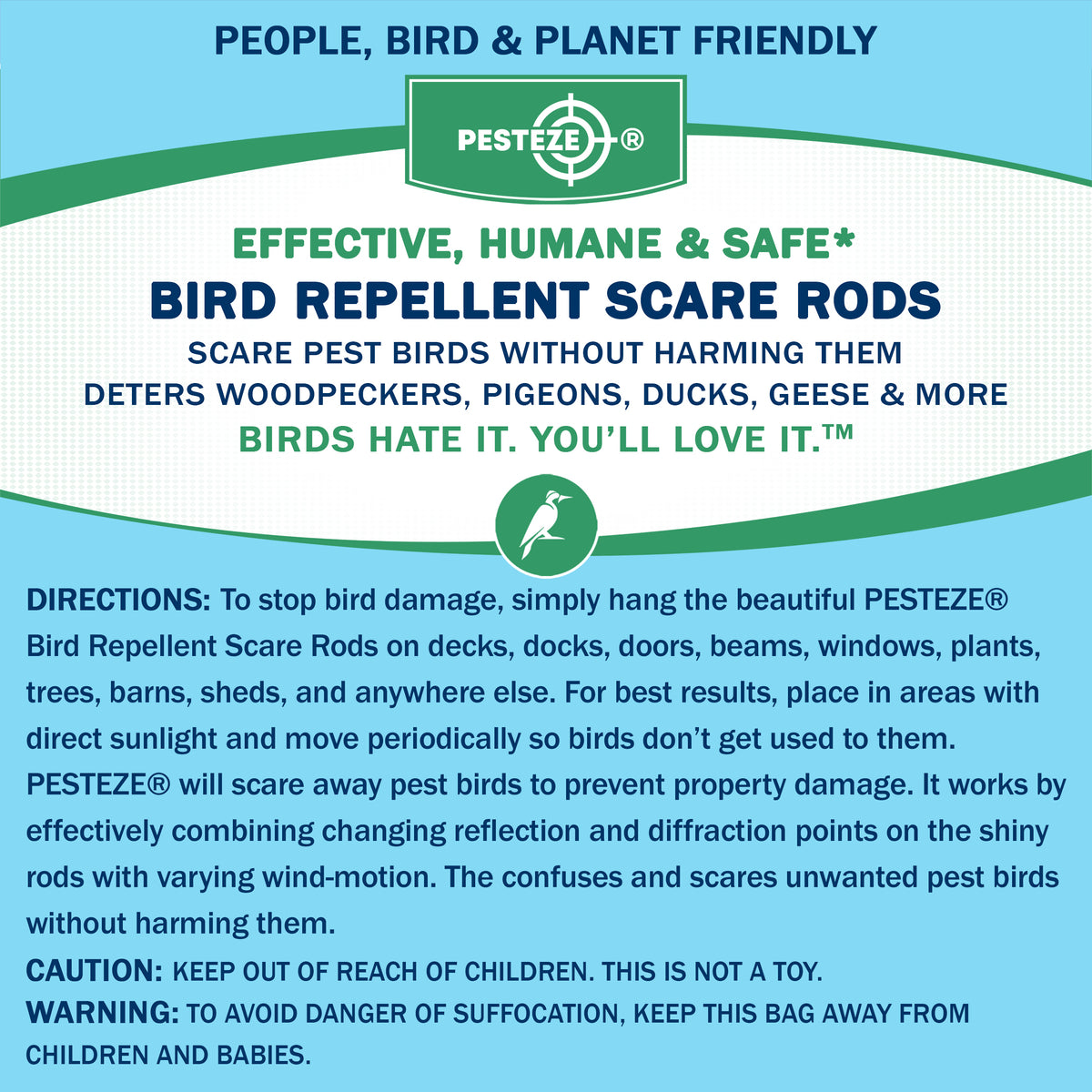 PESTEZE® USA Bird Scare Reflective Rods Bird Deterrent Outdoor Device for Birds Pigeons Crows Woodpeckers Sparrows Geese Reflective Spinners Bird Repellent for Patio Garden Roof Balcony [6 Pack Blue]