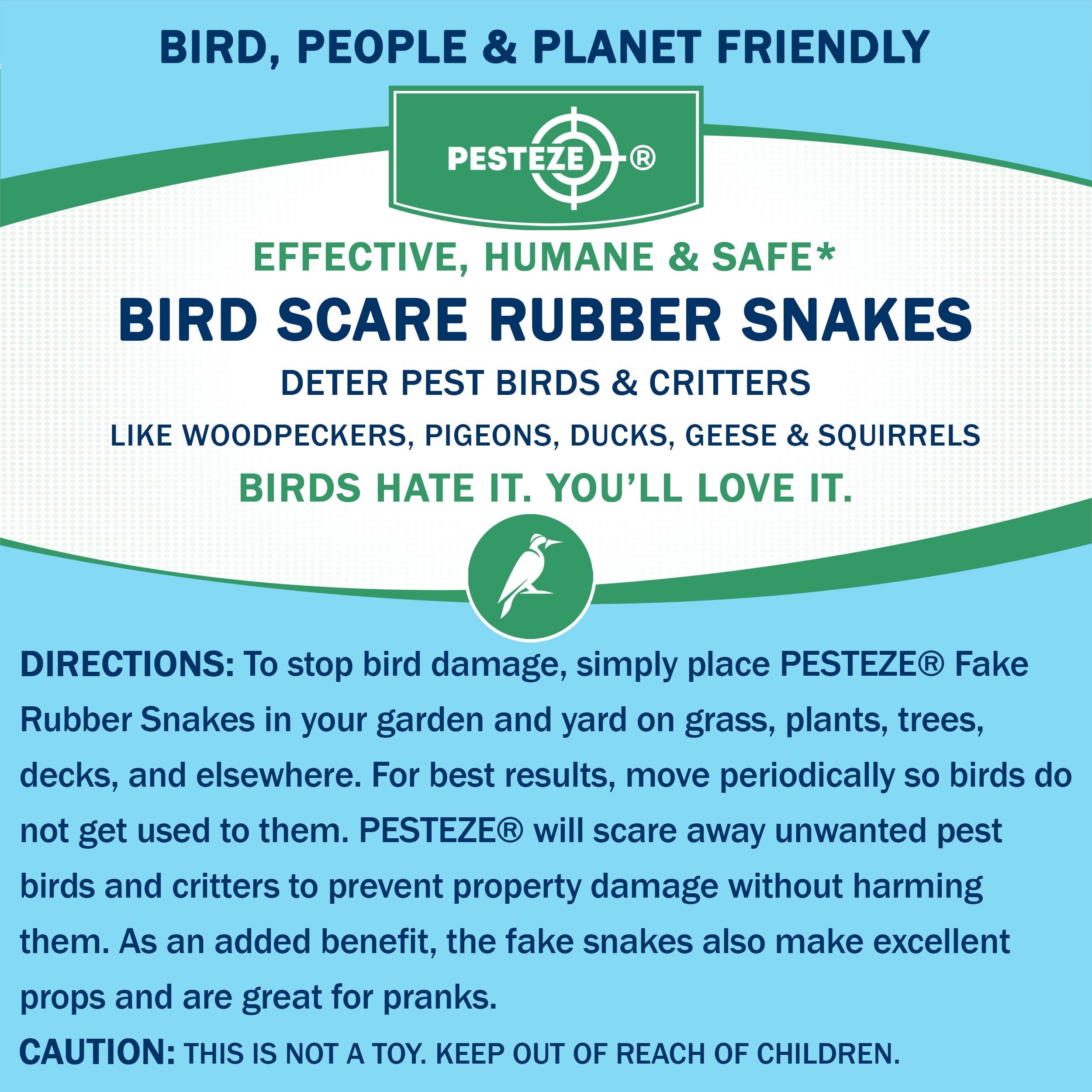 PESTEZE® Brown & Green 39 Inch Realistic Inflatable Snakes [2 Pack] Scares Pest Birds  like Woodpeckers, Sparrows, Pigeons, Crows, Gulls & Critters from Pools & Yards without Harming them to Protect Property