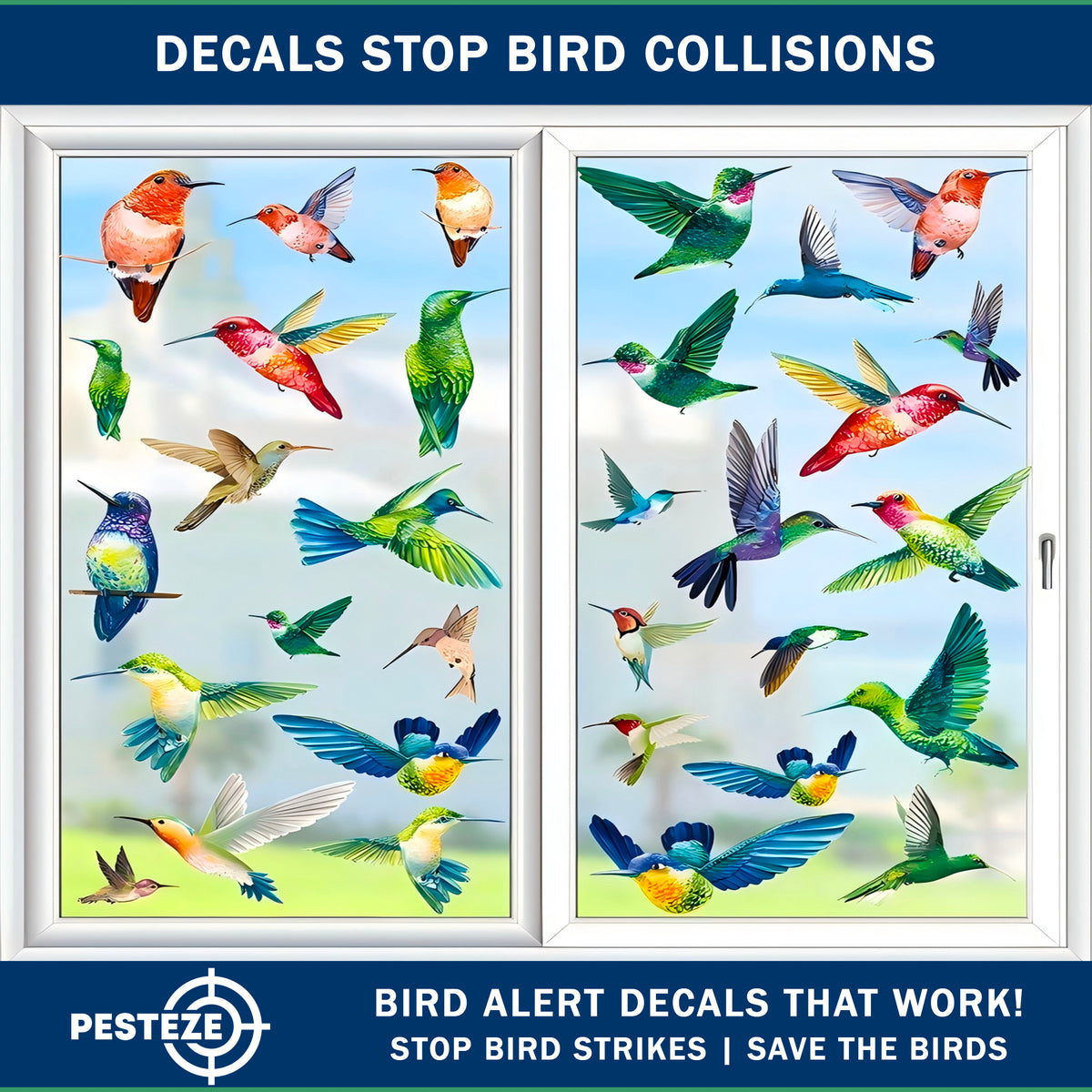 PESTEZE® USA Premium Window Bird Decals–Colorful Hummingbird Anti Collision Static Cling Stickers for Windows to Prevent Wild Birds from Strikes and Hitting Glass–38 Pack Floral Window Alert Protection