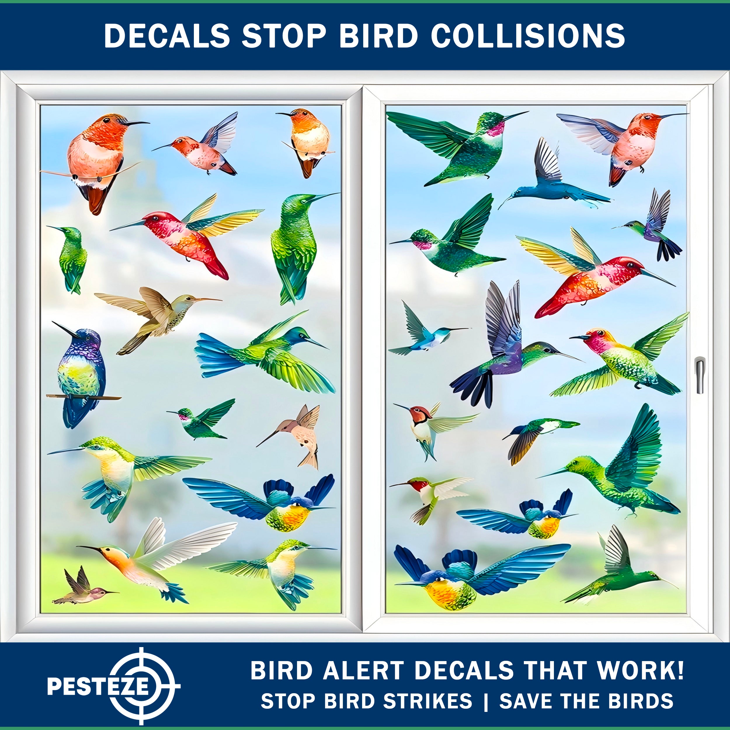 PESTEZE® Colorful Hummingbirds Anti Collision Static Cling Decals for Windows to Prevent Wild Bird Strikes [38 Decals/9 Pages] Bird Alert Window Decals Save Birds from Window Collisions & Help them Soar