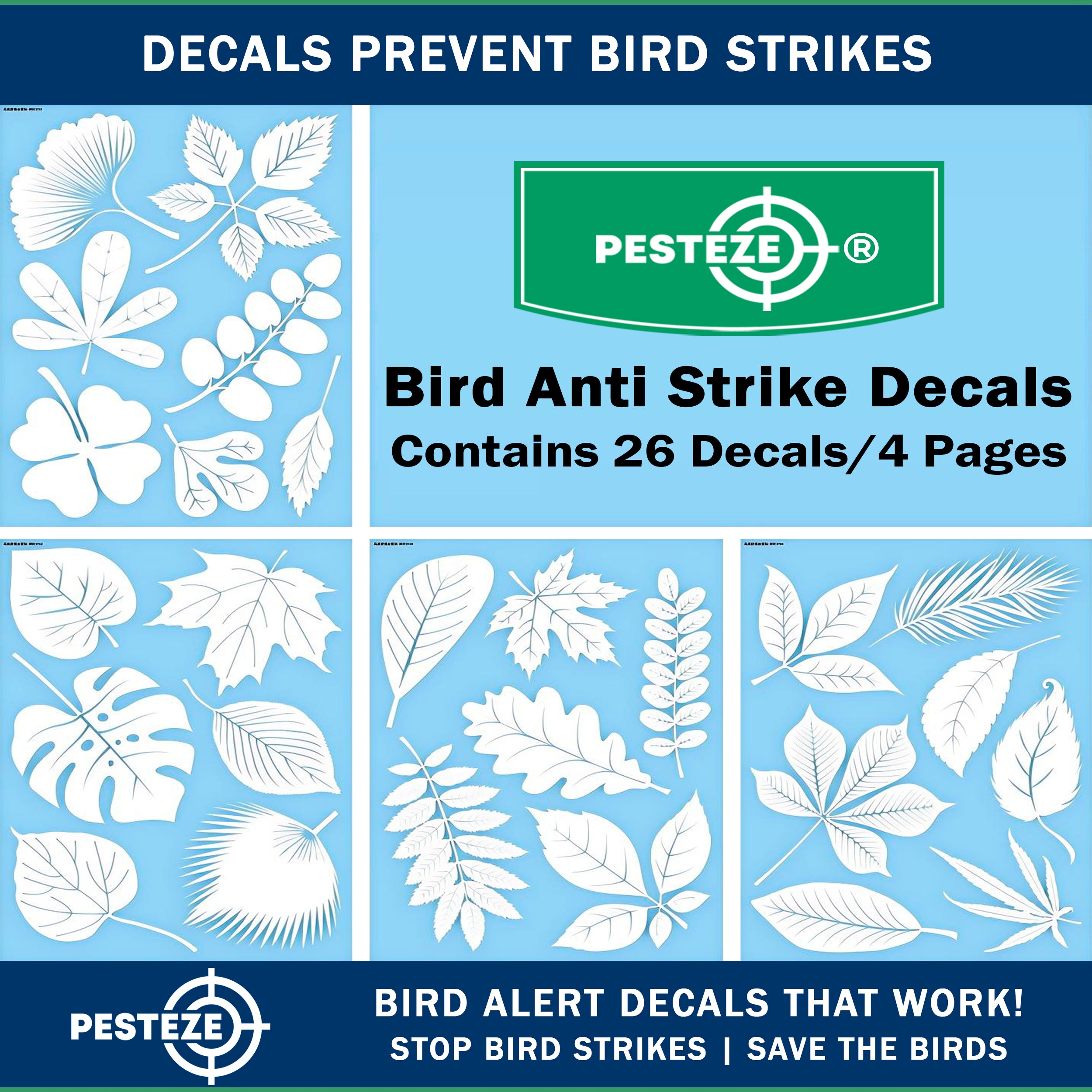PESTEZE® UV Reflective Leaf Medley Anti Strike Static Cling Decals for Windows to Prevent Wild Bird Collisions [26 Decals/4 Pages] Bird Alert Window Decals Save Birds from Window Strikes & Help them Soar