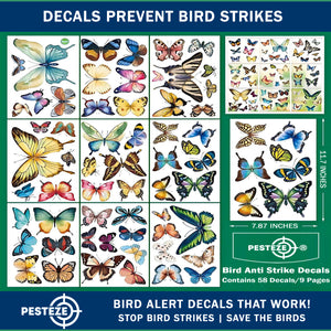 PESTEZE® Colorful Butterflies Anti Strike Static Cling Decals for Windows to Prevent Wild Bird Collisions [58 Decals/9 Pages] Bird Alert Window Decals Save Birds from Window Strikes & Help them Soar