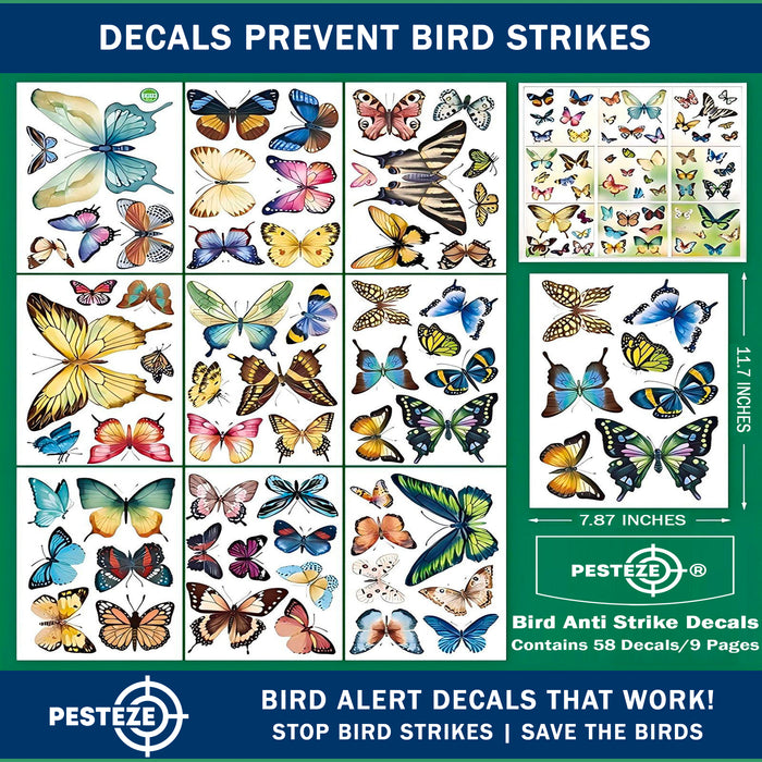 PESTEZE® Colorful Butterflies Anti Strike Static Cling Decals for Windows to Prevent Wild Bird Collisions [58 Decals/9 Pages] Bird Alert Window Decals Save Birds from Window Strikes & Help them Soar