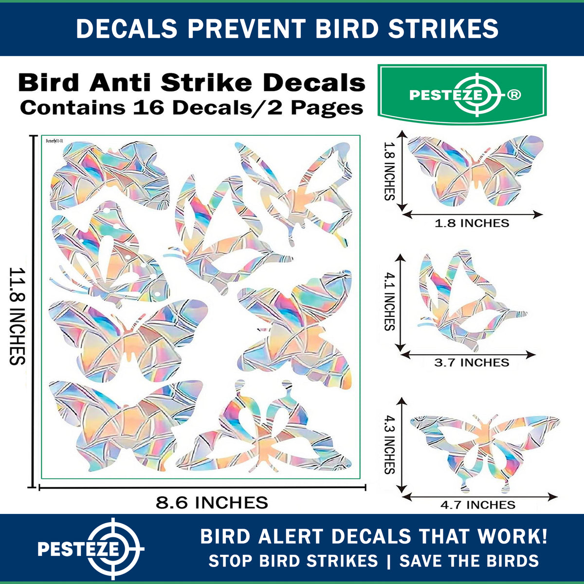 PESTEZE® USA Premium Window Bird Decals–Rainbow Butterfly Anti Collision Static Cling Stickers for Windows to Prevent Birds from Striking/Hitting Glass–16 Pack Prismatic Sun Catcher Window Alert Clings
