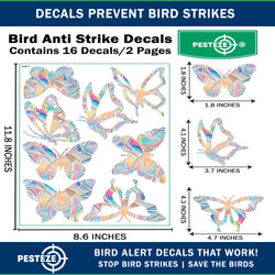 PESTEZE® Rainbow Butterfly Anti Strike Static Cling Decals for Windows to Prevent Wild Bird Collisions [16 Decals/2 Pages] Bird Alert Window Decals Save Birds from Window Strikes & Help them Soar