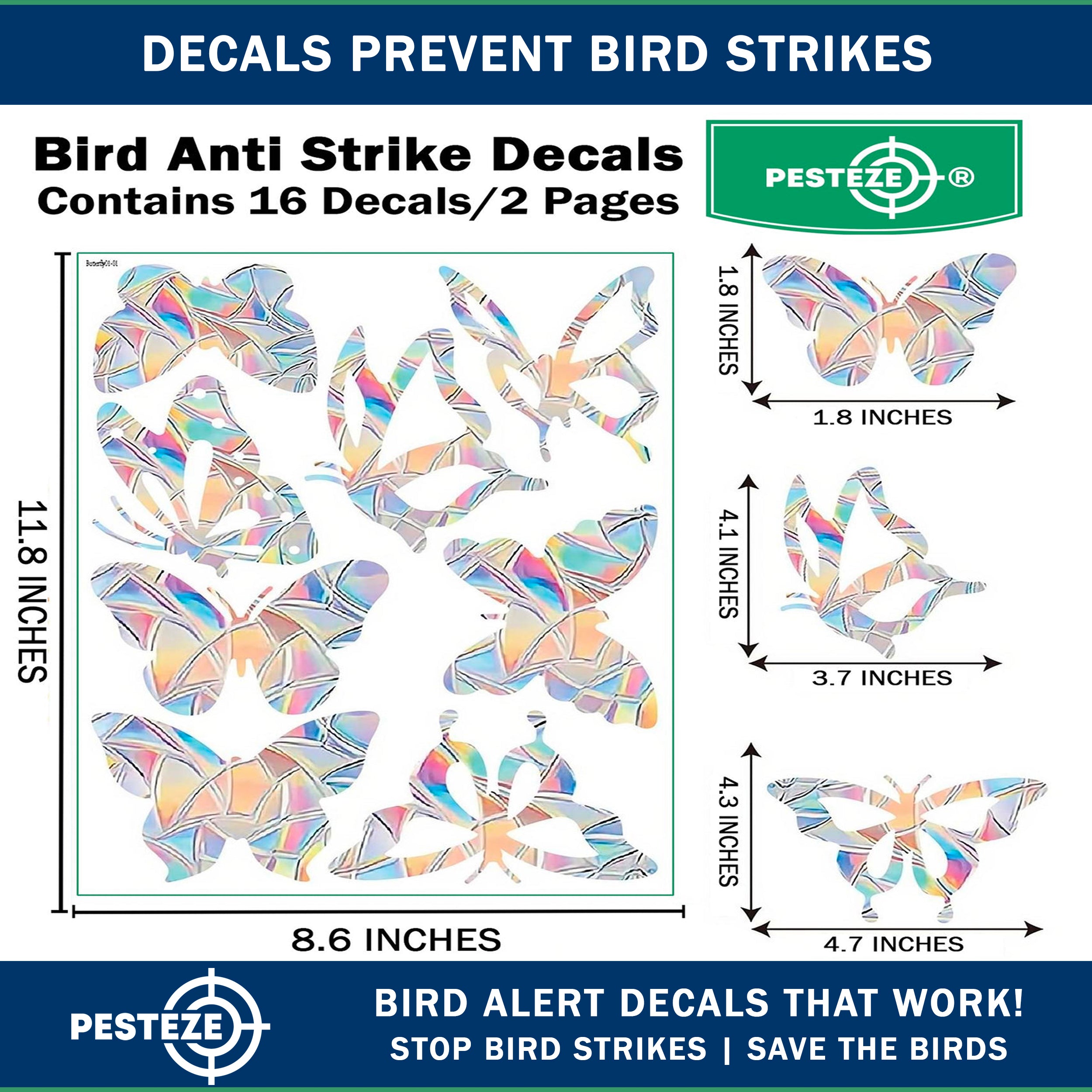 PESTEZE® Rainbow Butterfly Anti Strike Static Cling Decals for Windows to Prevent Wild Bird Collisions [16 Decals/2 Pages] Bird Alert Window Decals Save Birds from Window Strikes & Help them Soar