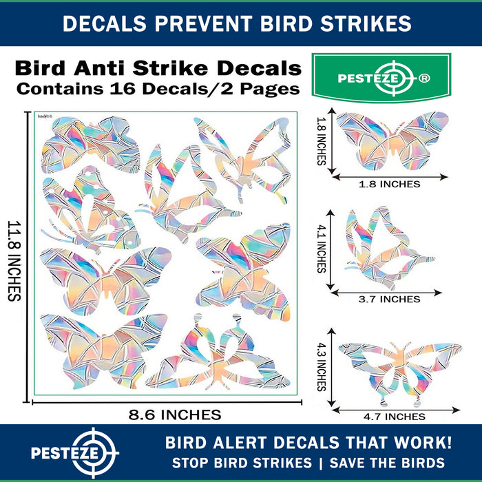 PESTEZE® Rainbow Butterfly Anti Strike Static Cling Decals for Windows to Prevent Wild Bird Collisions [16 Decals/2 Pages] Bird Alert Window Decals Save Birds from Window Strikes & Help them Soar