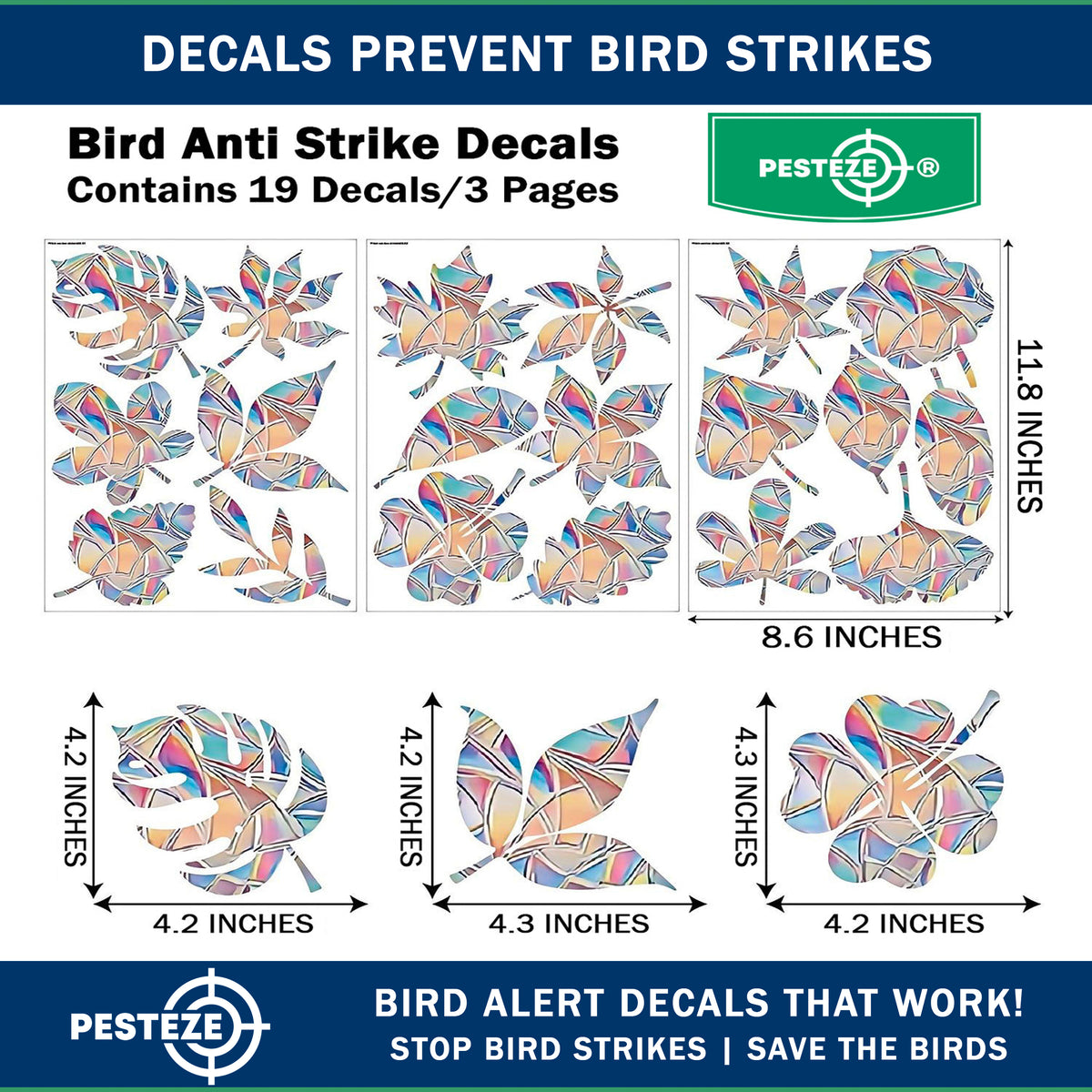 PESTEZE® USA Window Bird Stickers 19 Pack–Rainbow Leaf Medley Static Clings for Windows–Anti-Collision Decal Set to Prevent Wild Birds from Hitting Glass and Reduce Strike Accidents Indoors or Sunrooms