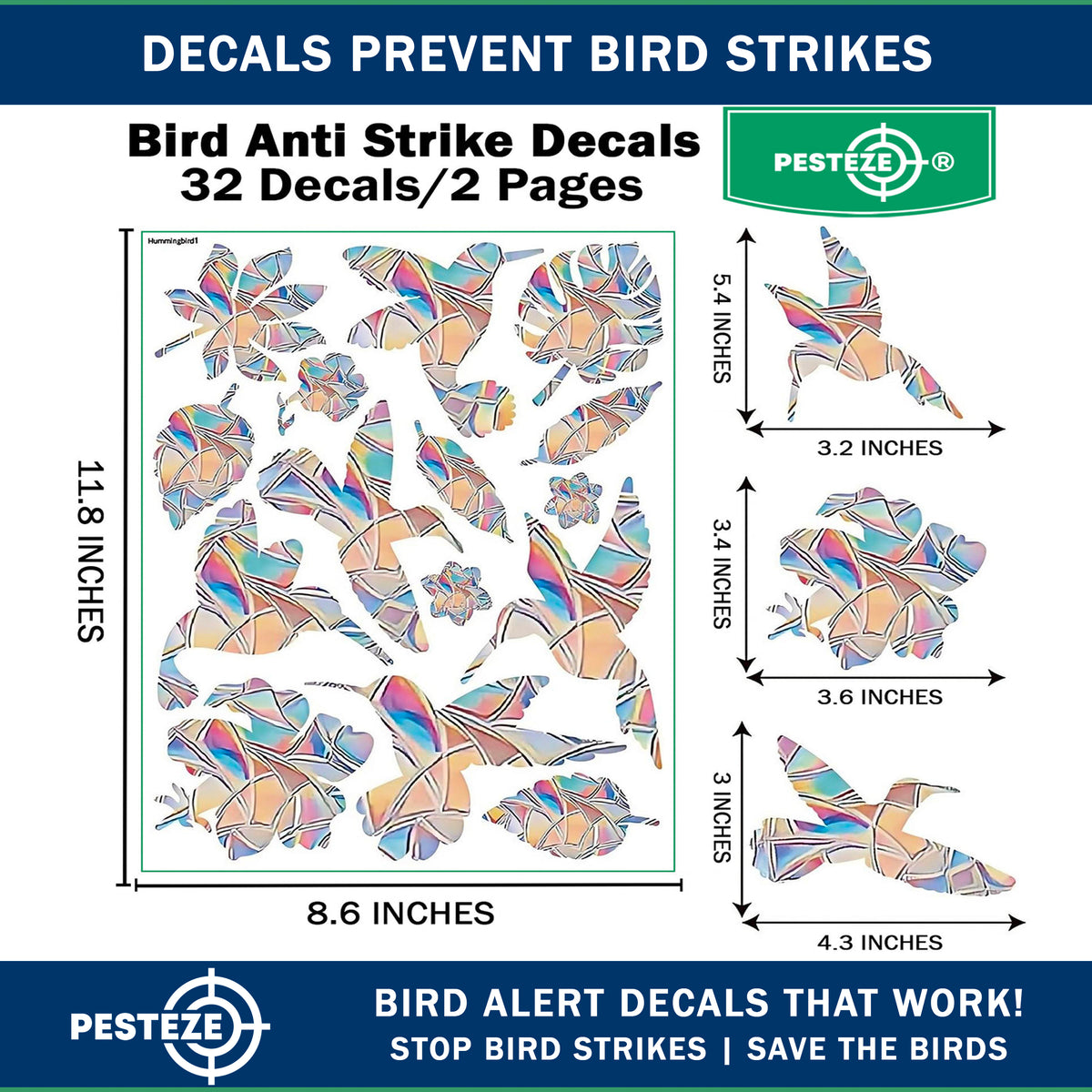 PESTEZE® USA Premium Window Bird Decals-Rainbow Leaf & Bird Anti Collision Static Cling Stickers for Windows to Prevent Wild Birds from Striking & Hitting Glass–32 Pack Sun Catcher Window Alert Clings