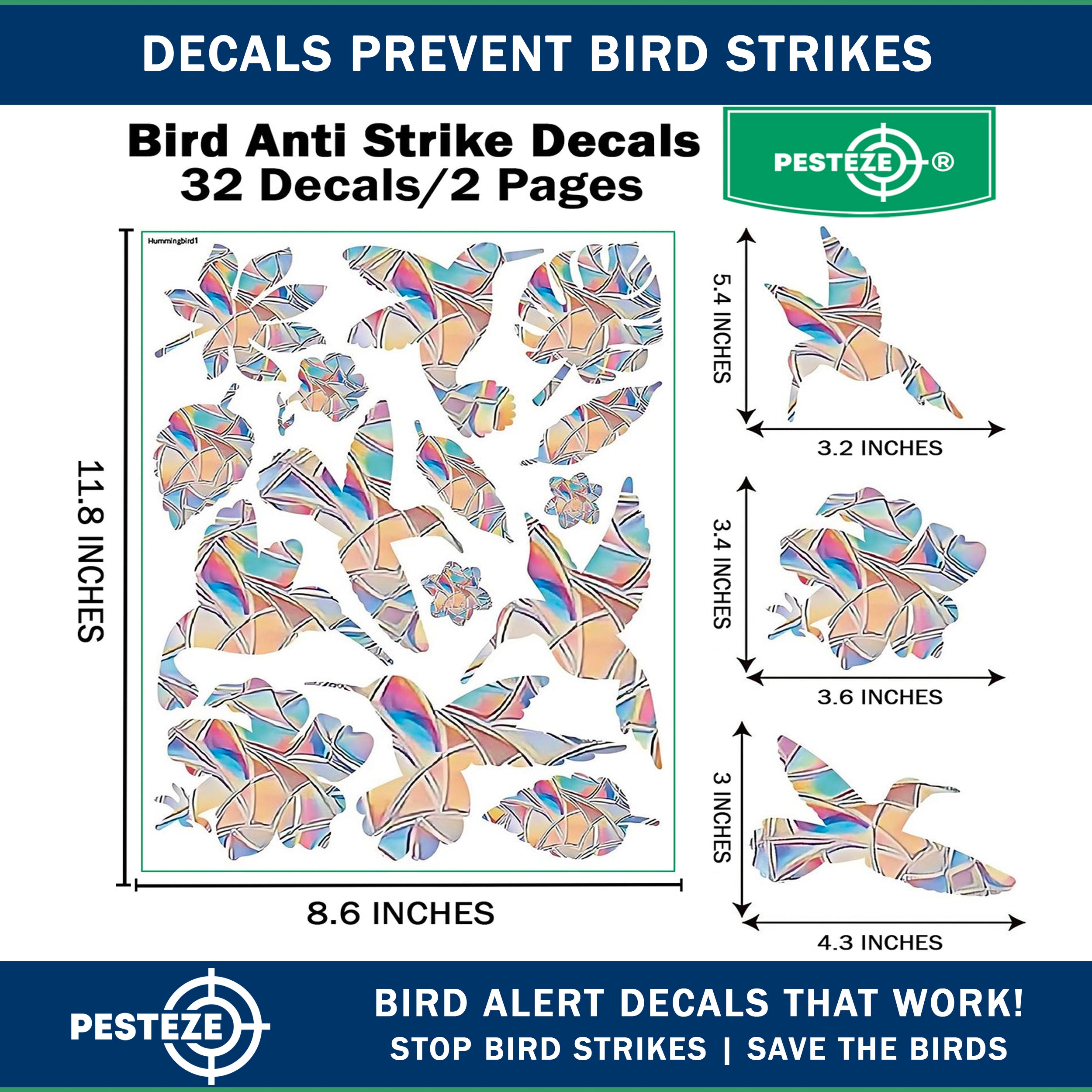 PESTEZE® Rainbow Leaf & Bird Anti Collision Static Cling Decals for Windows to Prevent Wild Bird Strikes [32 Decals/2 Pages] Bird Alert Window Decals Save Birds from Window Collisions & Help them Soar
