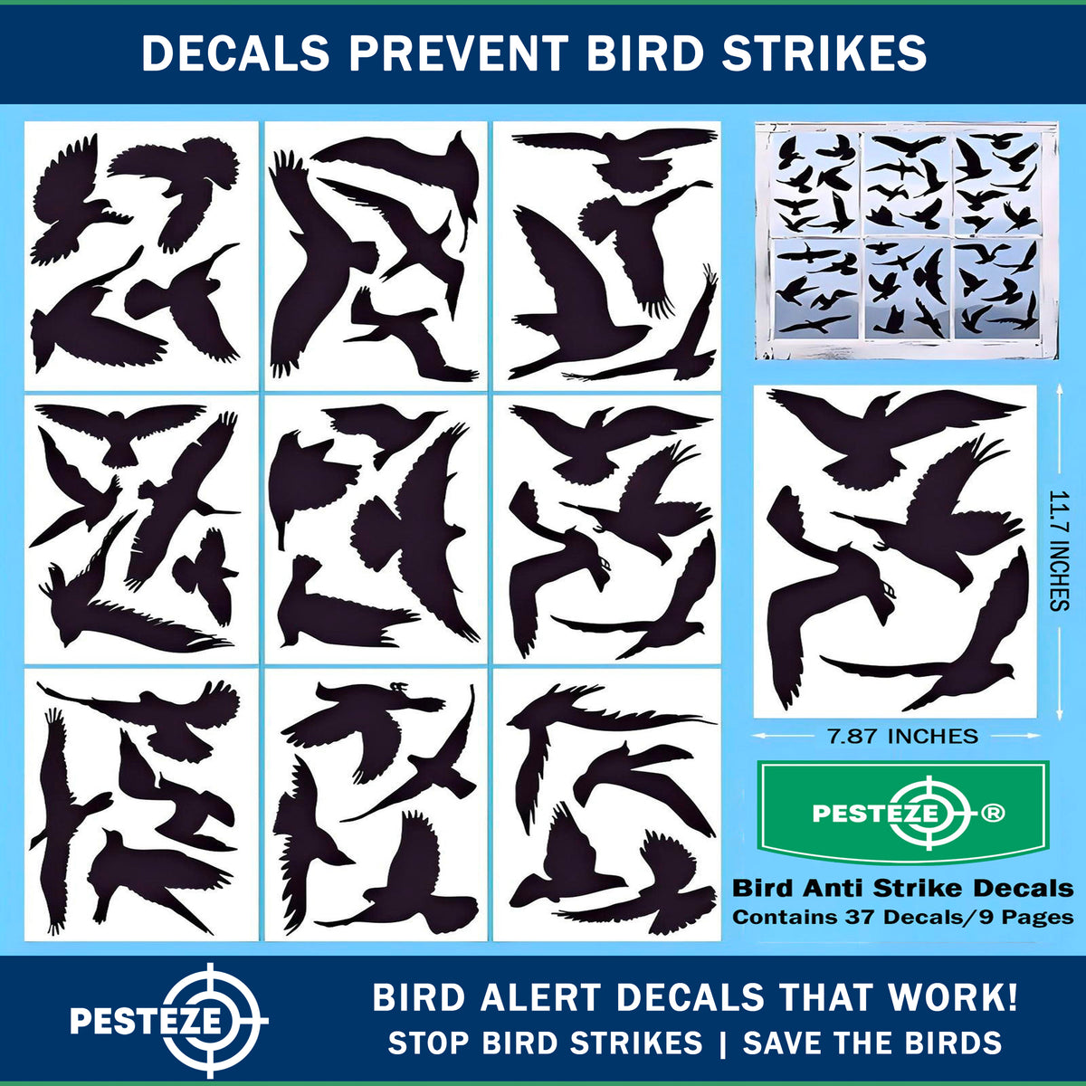 PESTEZE® USA Premium Black Hummingbirds Anti-Strike Window Decal — 37 Static Clings (9 Pages) to Prevent Wild Bird Collisions and Reduce Strike Risk, Prevents Window Damage and Protects Birds from Harm