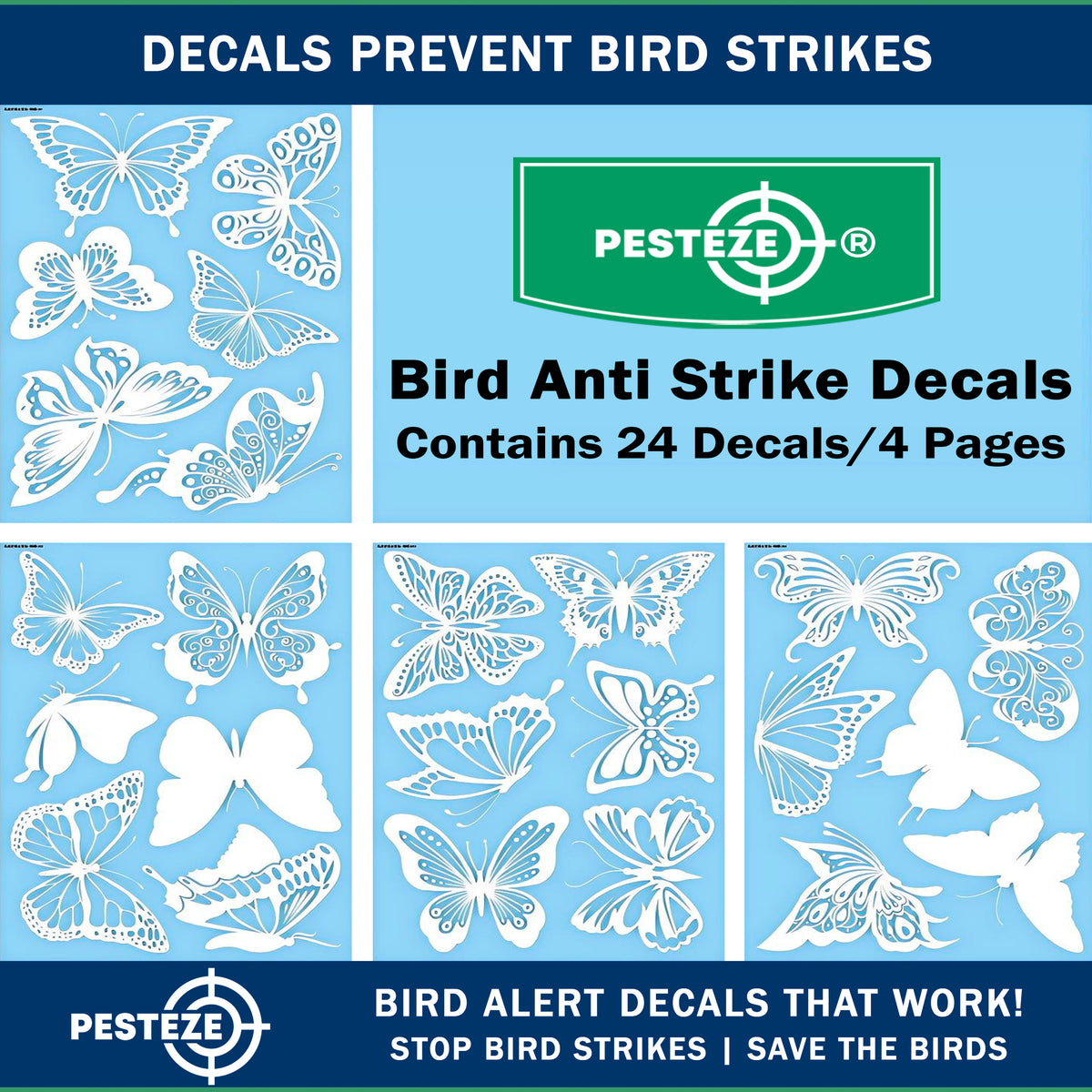 PESTEZE® USA Premium UV Window Bird Decals–Butterfly Anti Collision Static Cling Stickers for Windows to Prevent Birds from Striking Glass– 24 Pack Window Alert Clings for Humane Bird Strike Protection
