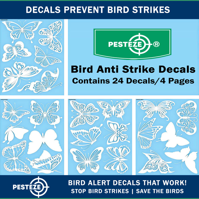 PESTEZE® UV Reflective Butterfly Anti Collision Static Cling Decals for Windows to Prevent Wild Bird Strikes [24 Decals/4 Pages] Bird Alert Window Decals Save Birds from Window Strikes & Help them Soar