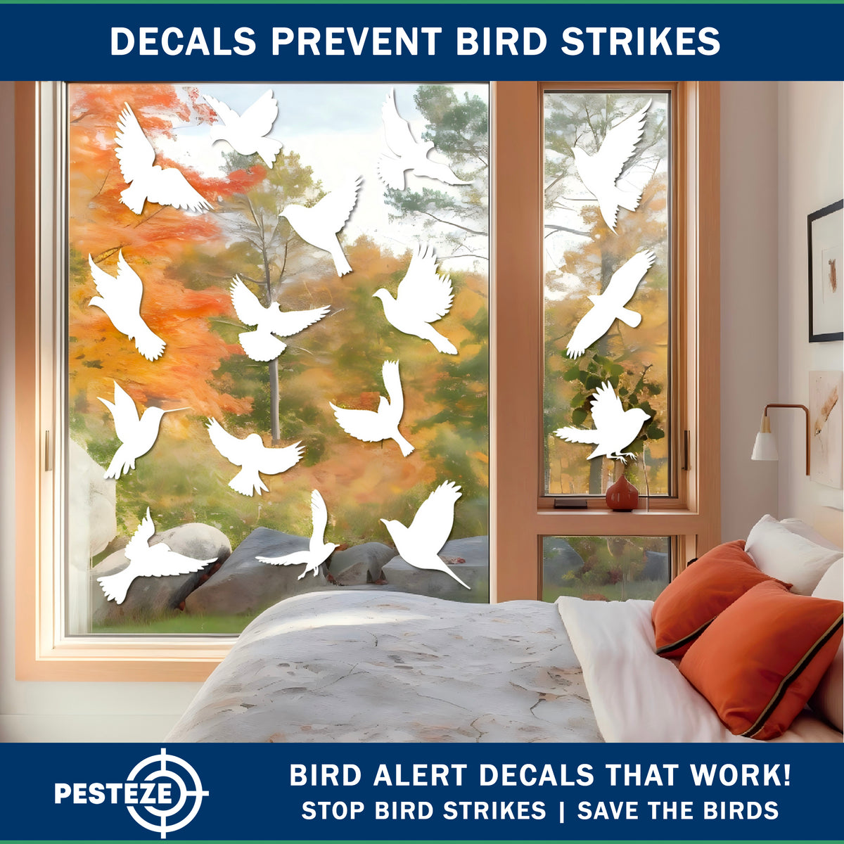 PESTEZE® USA UV Reflective Window Bird Decals–Anti Collision Static Cling Stickers for Windows to Prevent Birds from Hitting Glass–Removable, 16 Pack Window Alert Clings – Humane Bird Strike Prevention