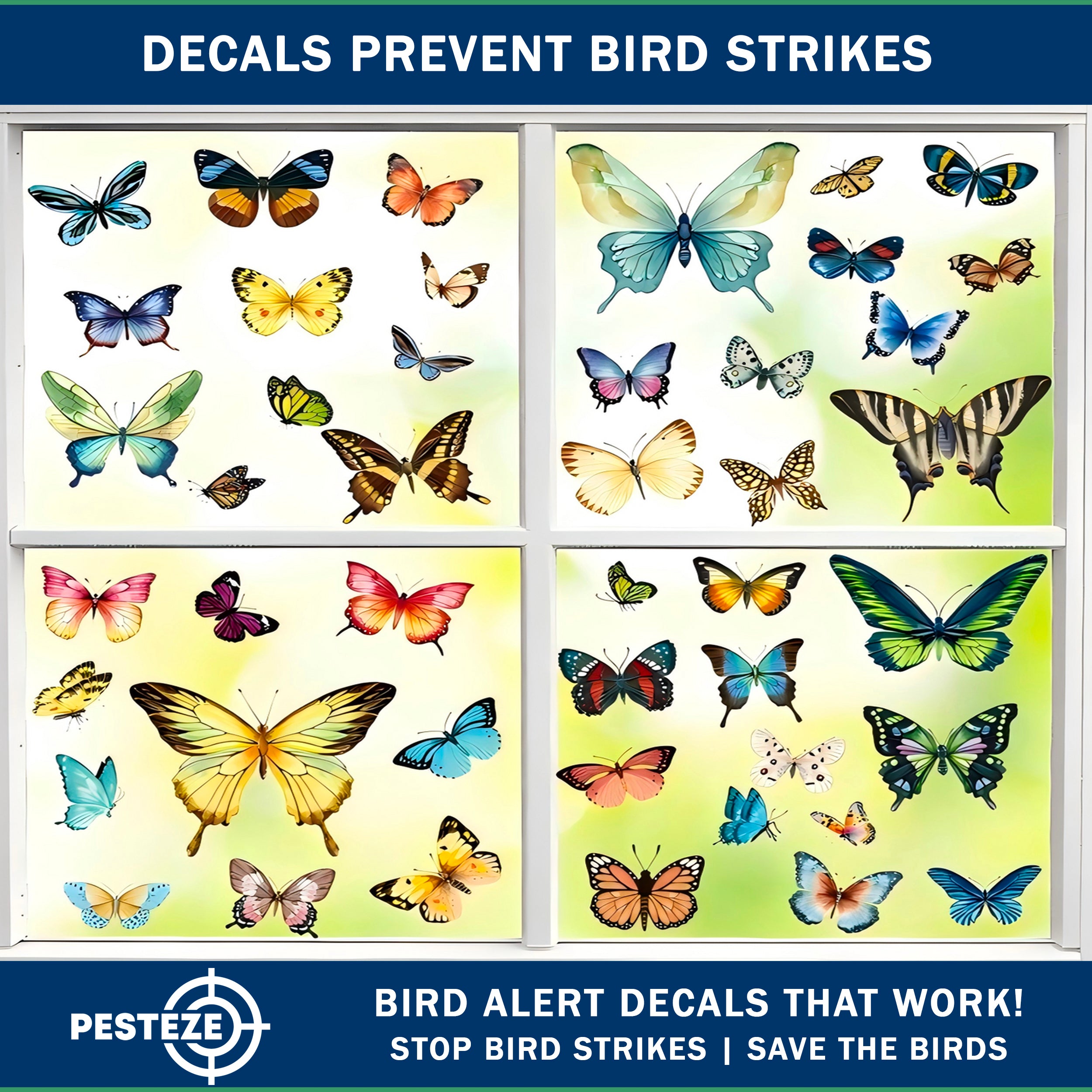 PESTEZE® Colorful Butterflies Anti Strike Static Cling Decals for Windows to Prevent Wild Bird Collisions [58 Decals/9 Pages] Bird Alert Window Decals Save Birds from Window Strikes & Help them Soar