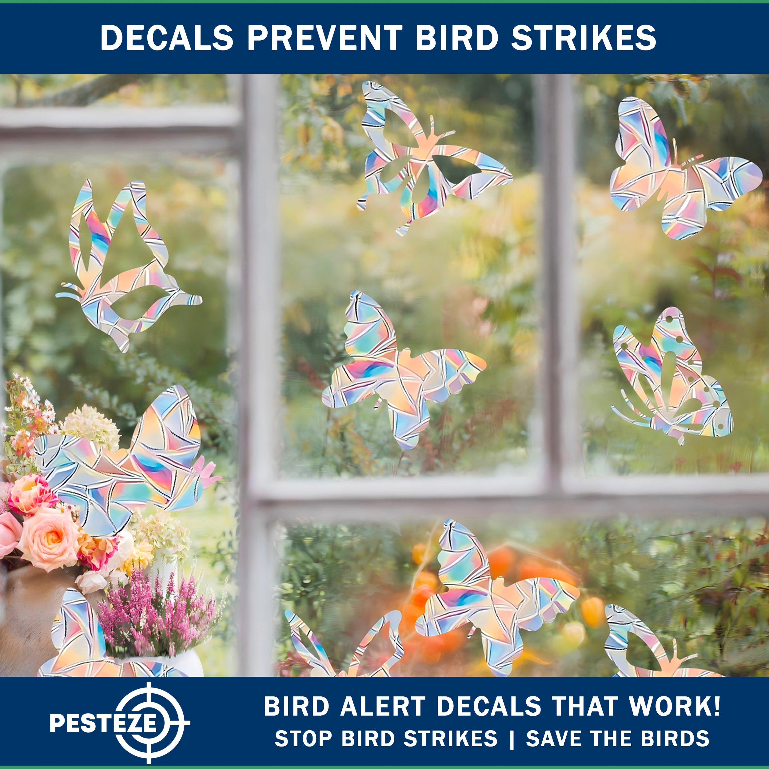 PESTEZE® Rainbow Butterfly Anti Strike Static Cling Decals for Windows to Prevent Wild Bird Collisions [16 Decals/2 Pages] Bird Alert Window Decals Save Birds from Window Strikes & Help them Soar
