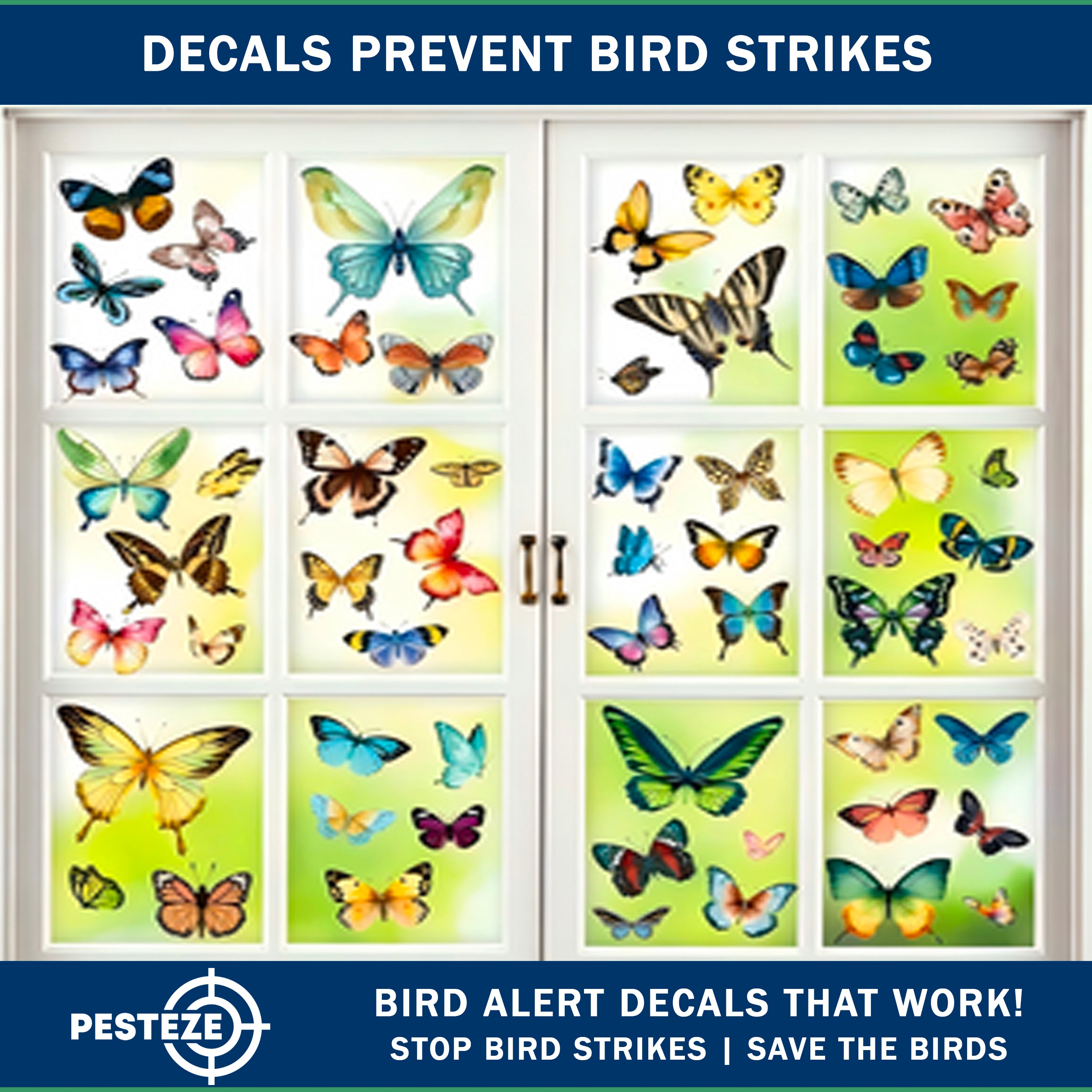 PESTEZE® Colorful Butterflies Anti Strike Static Cling Decals for Windows to Prevent Wild Bird Collisions [58 Decals/9 Pages] Bird Alert Window Decals Save Birds from Window Strikes & Help them Soar