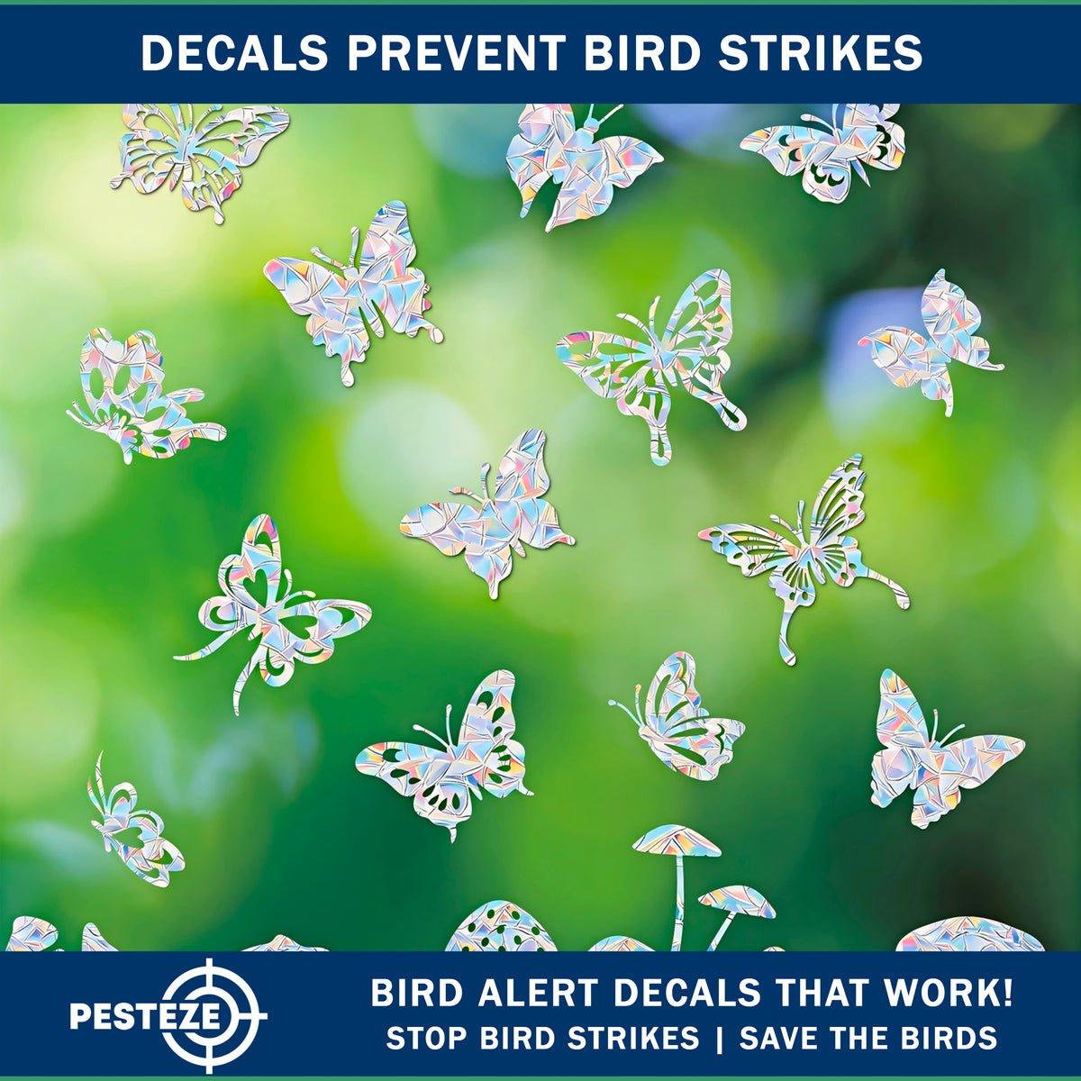 PESTEZE® USA Premium Window Bird Decals–Rainbow Butterfly Anti Collision Static Cling Stickers for Windows to Prevent Birds from Striking/Hitting Glass–16 Pack Prismatic Sun Catcher Window Alert Clings