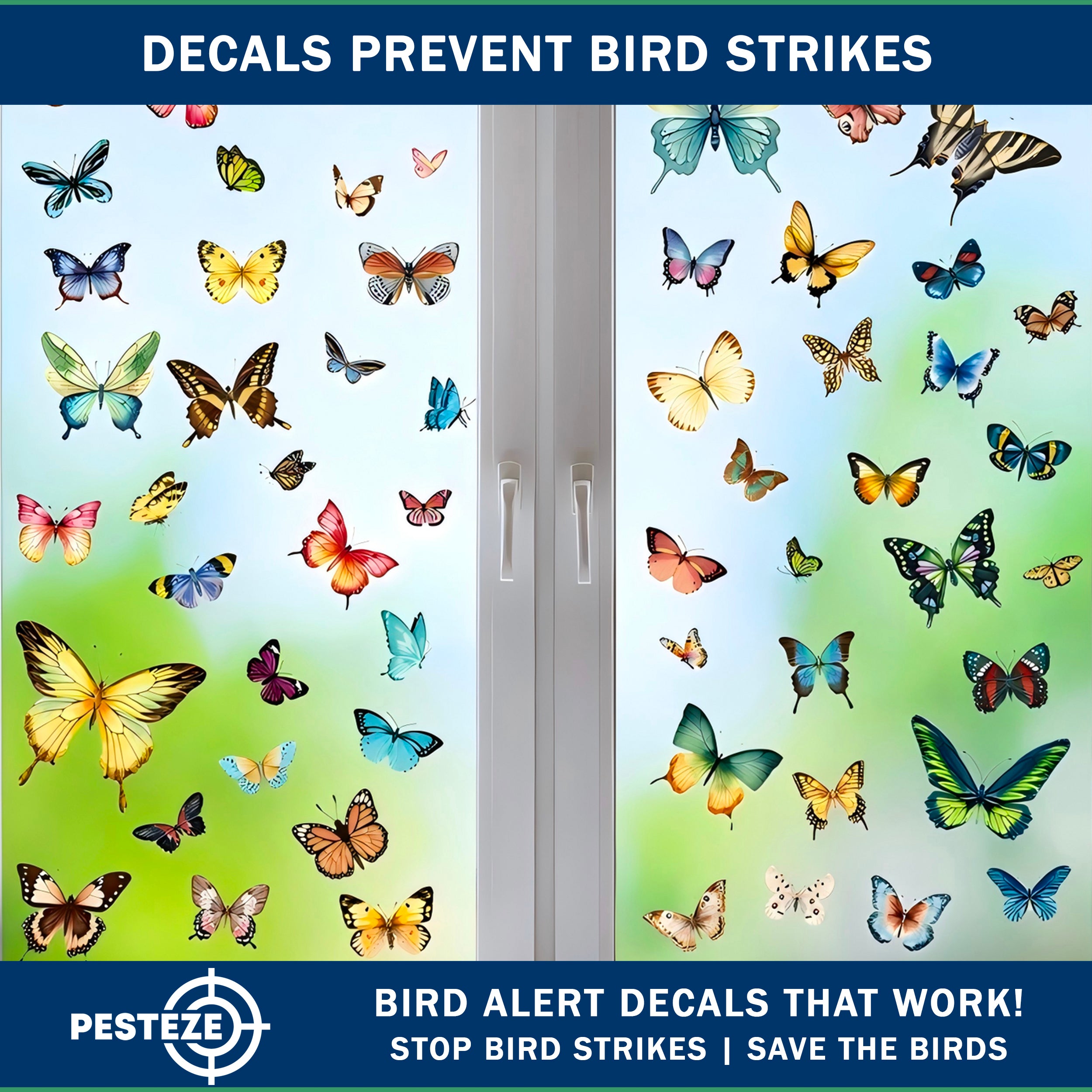 PESTEZE® Colorful Butterflies Anti Strike Static Cling Decals for Windows to Prevent Wild Bird Collisions [58 Decals/9 Pages] Bird Alert Window Decals Save Birds from Window Strikes & Help them Soar