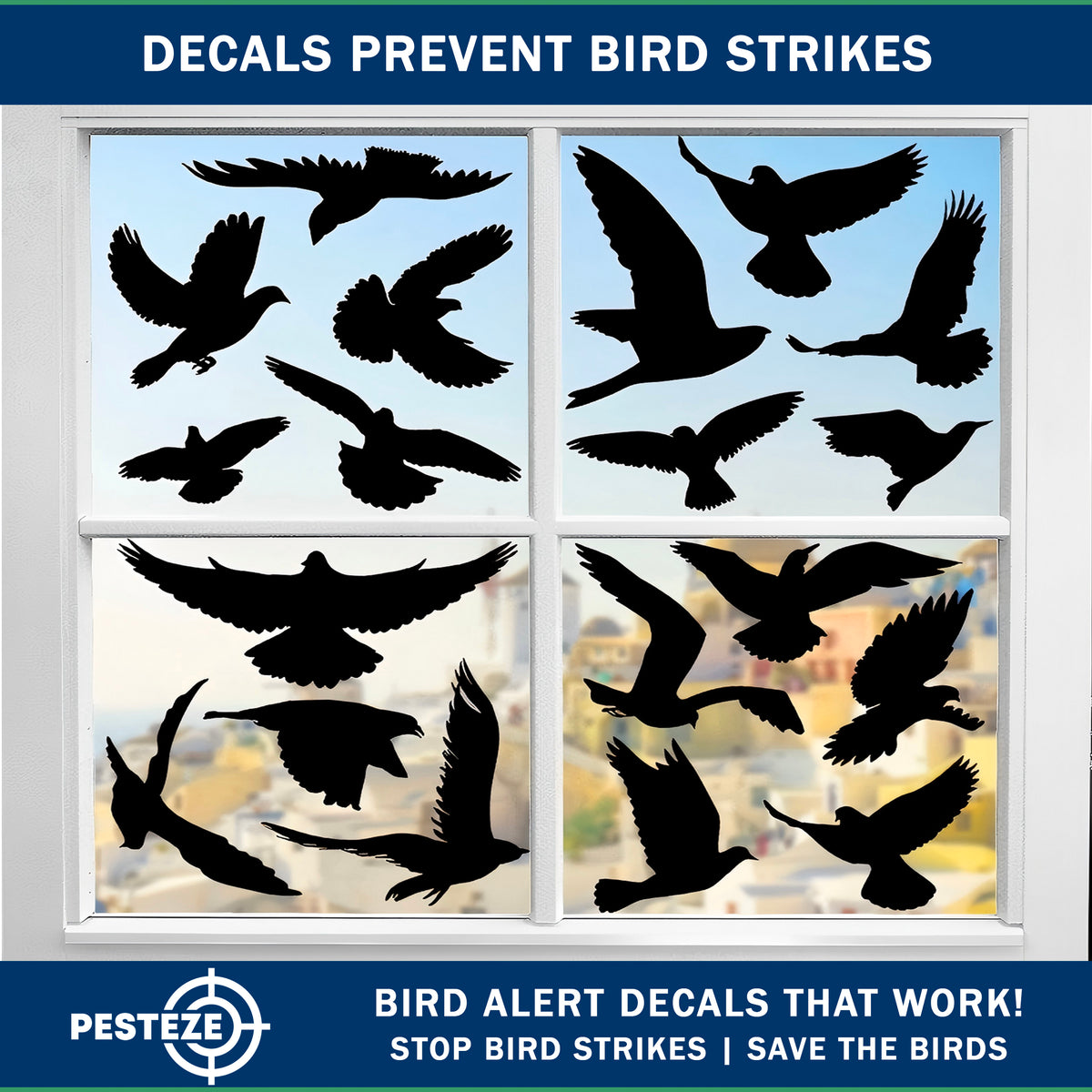 PESTEZE® USA Premium Black Hummingbirds Anti-Strike Window Decal — 37 Static Clings (9 Pages) to Prevent Wild Bird Collisions and Reduce Strike Risk, Prevents Window Damage and Protects Birds from Harm