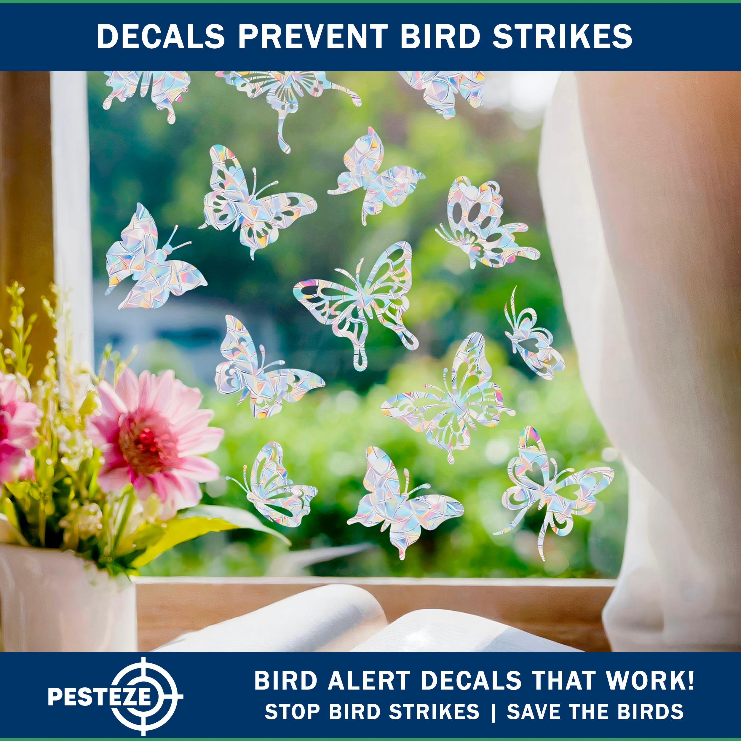 PESTEZE® Rainbow Butterfly Anti Strike Static Cling Decals for Windows to Prevent Wild Bird Collisions [16 Decals/2 Pages] Bird Alert Window Decals Save Birds from Window Strikes & Help them Soar