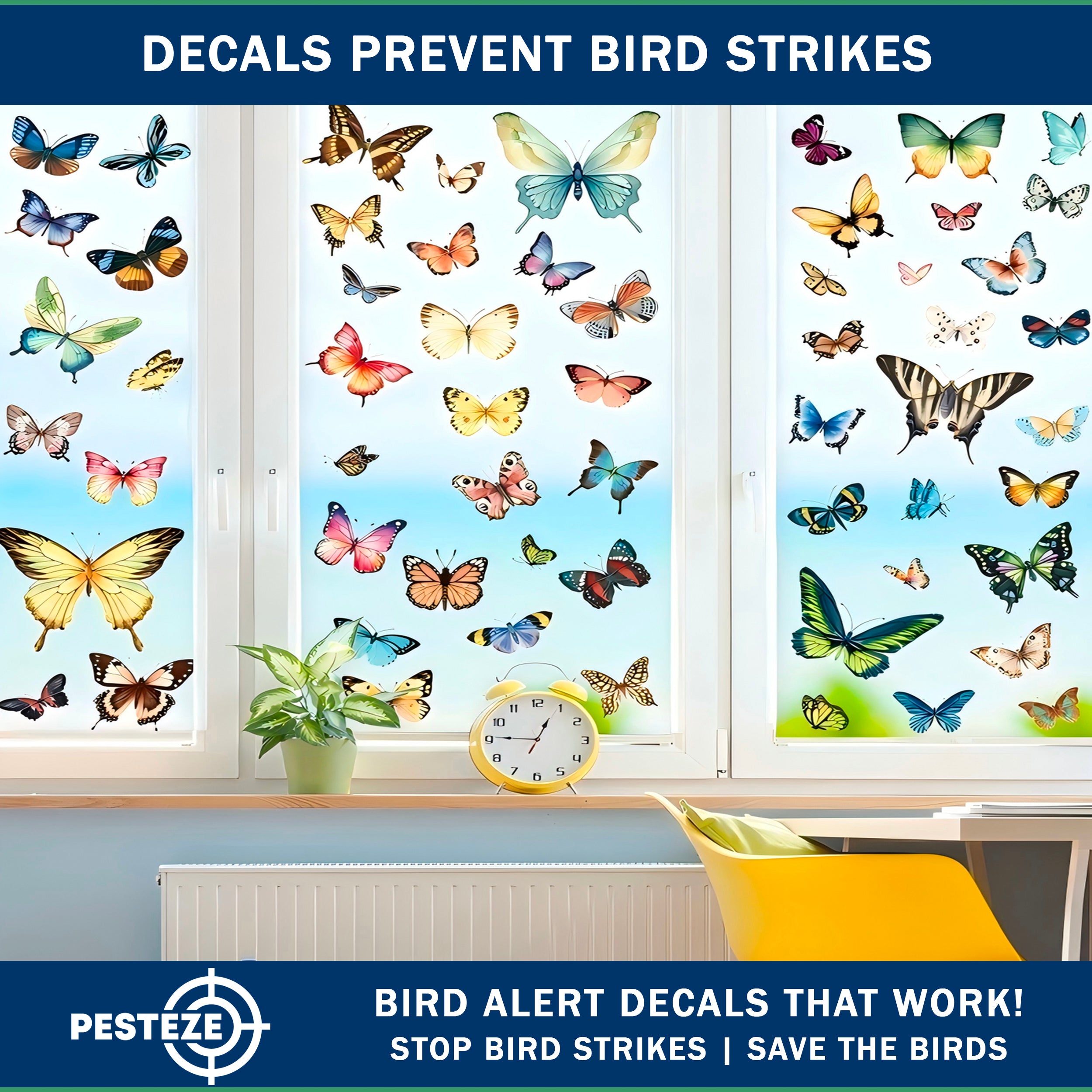 PESTEZE® Colorful Butterflies Anti Strike Static Cling Decals for Windows to Prevent Wild Bird Collisions [58 Decals/9 Pages] Bird Alert Window Decals Save Birds from Window Strikes & Help them Soar