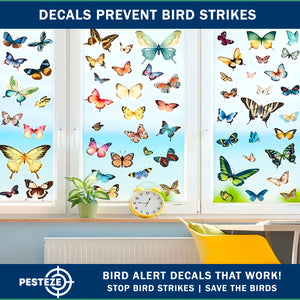 PESTEZE® Colorful Butterflies Anti Strike Static Cling Decals for Windows to Prevent Wild Bird Collisions [58 Decals/9 Pages] Bird Alert Window Decals Save Birds from Window Strikes & Help them Soar