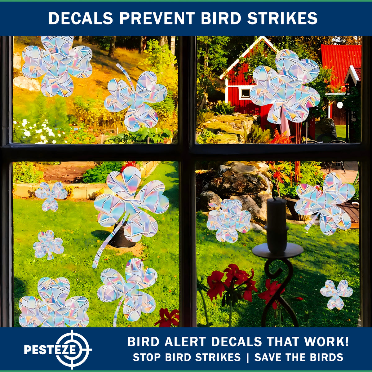 PESTEZE® USA Premium Window Bird Decals-Rainbow Leaf & Bird Anti Collision Static Cling Stickers for Windows to Prevent Wild Birds from Striking & Hitting Glass–32 Pack Sun Catcher Window Alert Clings