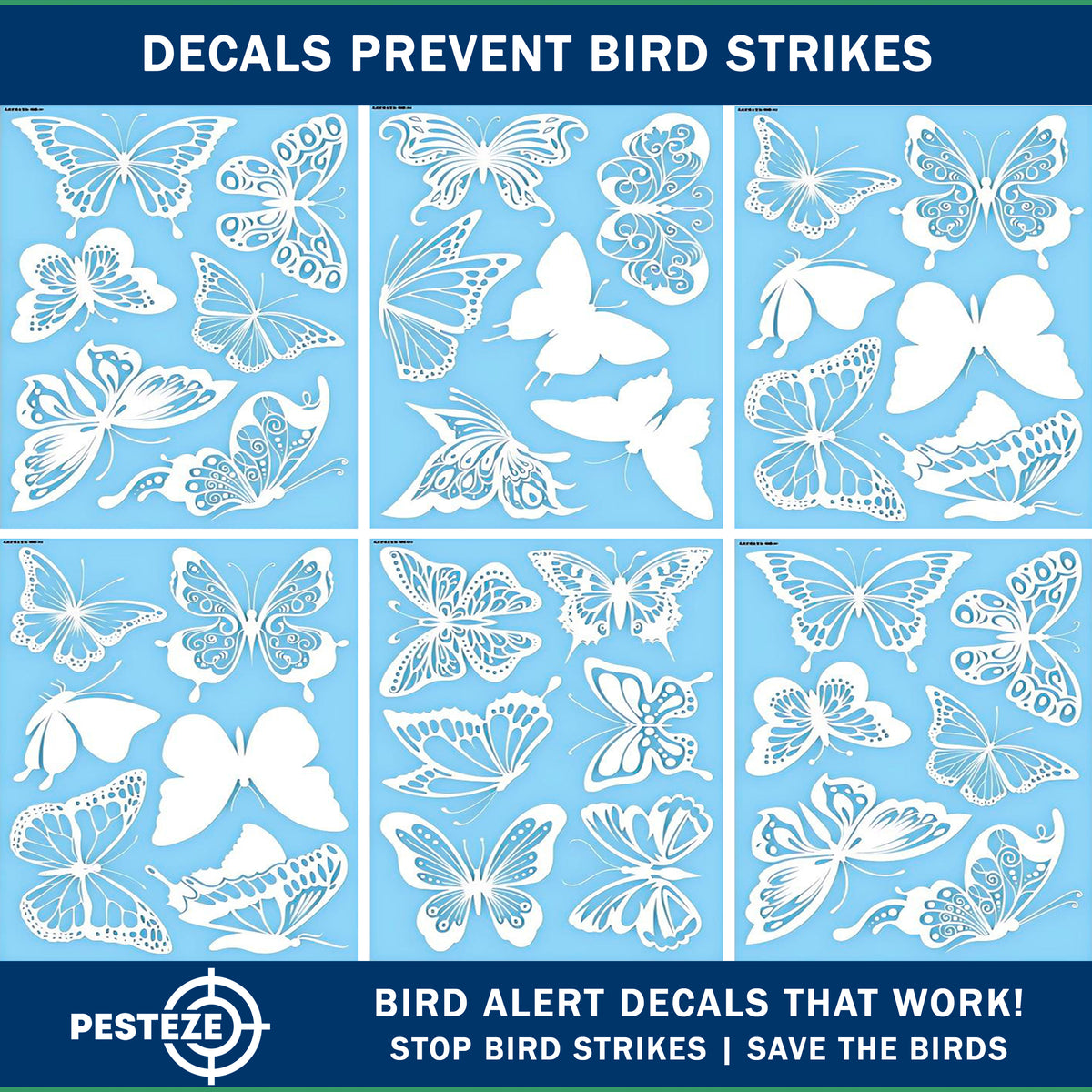 PESTEZE® USA Premium UV Window Bird Decals–Butterfly Anti Collision Static Cling Stickers for Windows to Prevent Birds from Striking Glass– 24 Pack Window Alert Clings for Humane Bird Strike Protection
