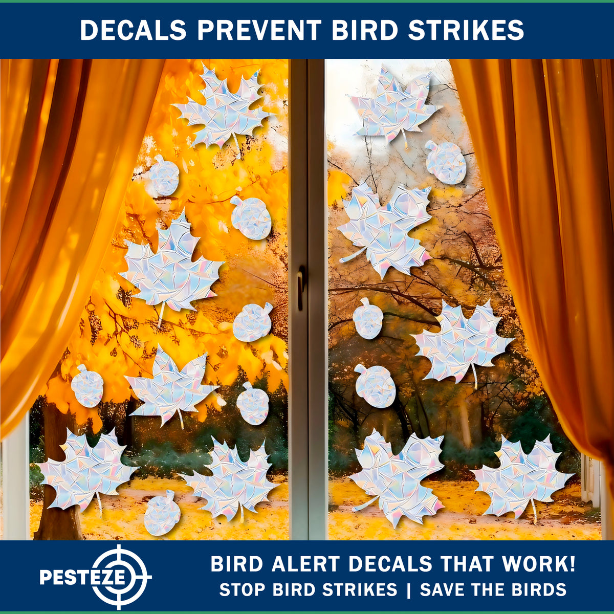 PESTEZE® USA Window Bird Stickers 19 Pack–Rainbow Leaf Medley Static Clings for Windows–Anti-Collision Decal Set to Prevent Wild Birds from Hitting Glass and Reduce Strike Accidents Indoors or Sunrooms