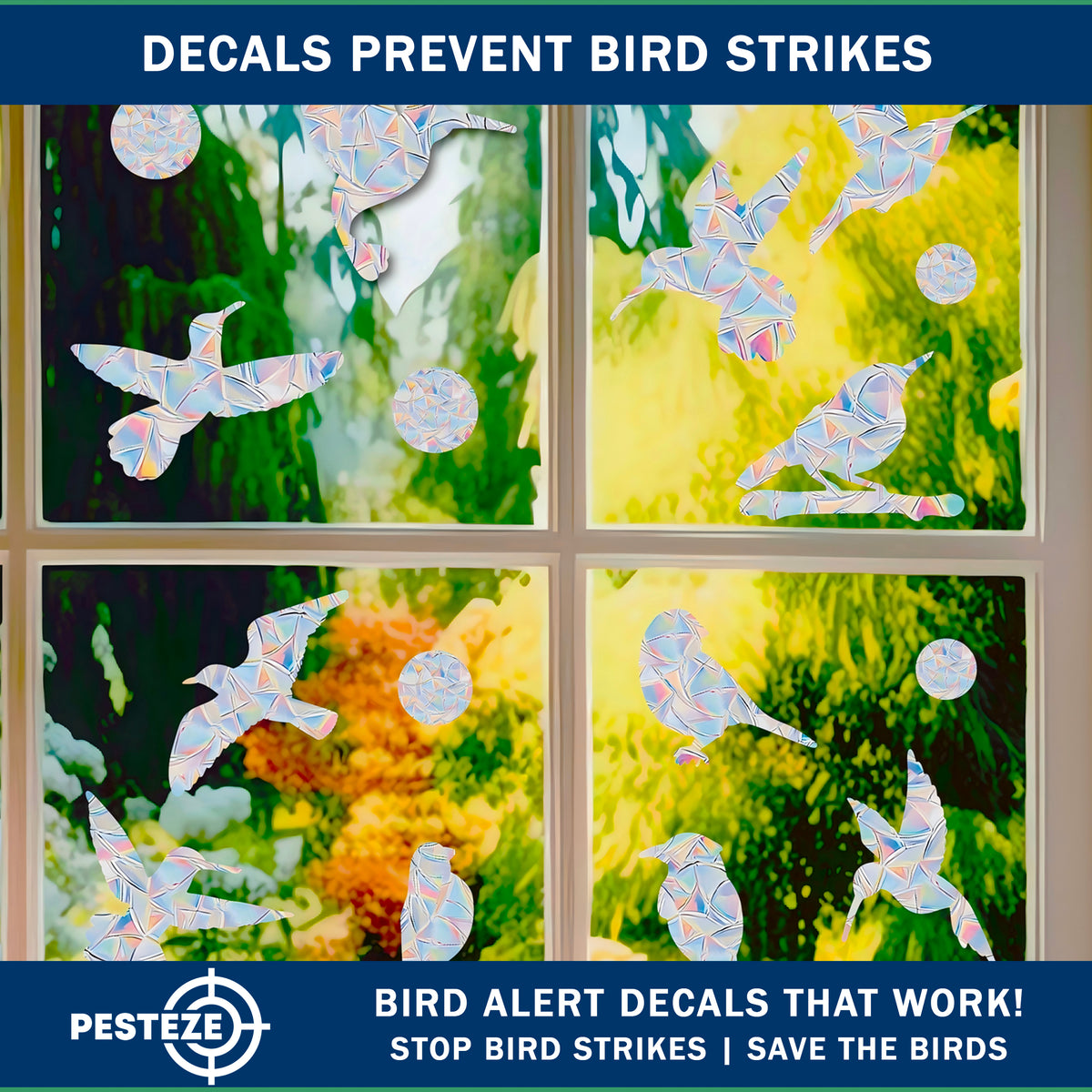 PESTEZE® USA Premium Window Bird Decals-Rainbow Leaf & Bird Anti Collision Static Cling Stickers for Windows to Prevent Wild Birds from Striking & Hitting Glass–32 Pack Sun Catcher Window Alert Clings