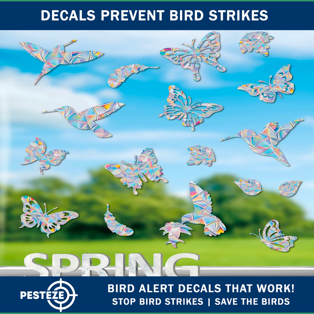 PESTEZE® USA Premium Window Bird Decals-Rainbow Leaf & Bird Anti Collision Static Cling Stickers for Windows to Prevent Wild Birds from Striking & Hitting Glass–32 Pack Sun Catcher Window Alert Clings