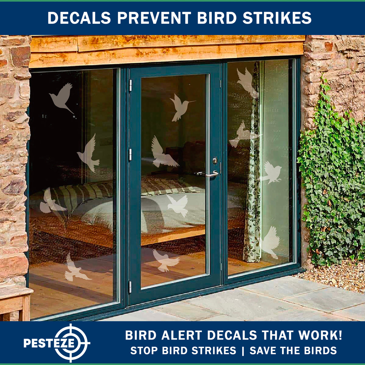PESTEZE® USA UV Reflective Window Bird Decals–Anti Collision Static Cling Stickers for Windows to Prevent Birds from Hitting Glass–Removable, 16 Pack Window Alert Clings – Humane Bird Strike Prevention