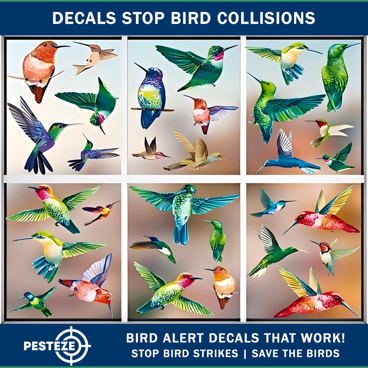 PESTEZE® USA Premium Window Bird Decals–Colorful Hummingbird Anti Collision Static Cling Stickers for Windows to Prevent Wild Birds from Strikes and Hitting Glass–38 Pack Floral Window Alert Protection