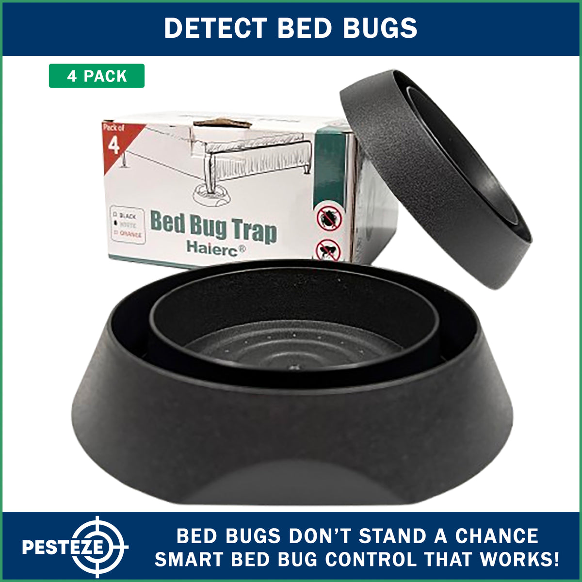 PESTEZE® USA Bed Bug Traps 4 Pack – Premium Reusable Bedbug Interceptors and Detectors for Bed Posts & Furniture – Chemical-Free Insect Trap Helps Monitor, Prevent Bugs Crawling on Beds, Sofas & Floors