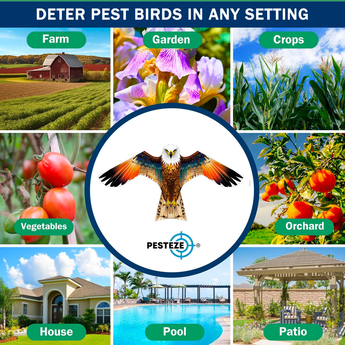 PESTEZE® USA Brown Eagle Bird Deterrent Kite with 13 ft Flagpole - Use in Yards & Farms to Protect Vegetables, Fruits, Crops & Property from Pest Birds