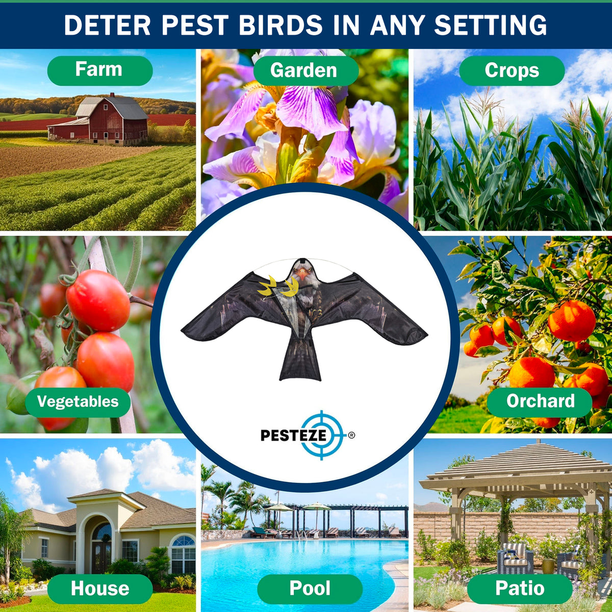 PESTEZE® USA Realistic Eagle Kite [2 Pack- 46 x 26 Inch with 13 ft Flagpole] Use in Yards & Farms to Protect Vegetables, Fruits & Crops from Pest Birds & Critters without Harming Them