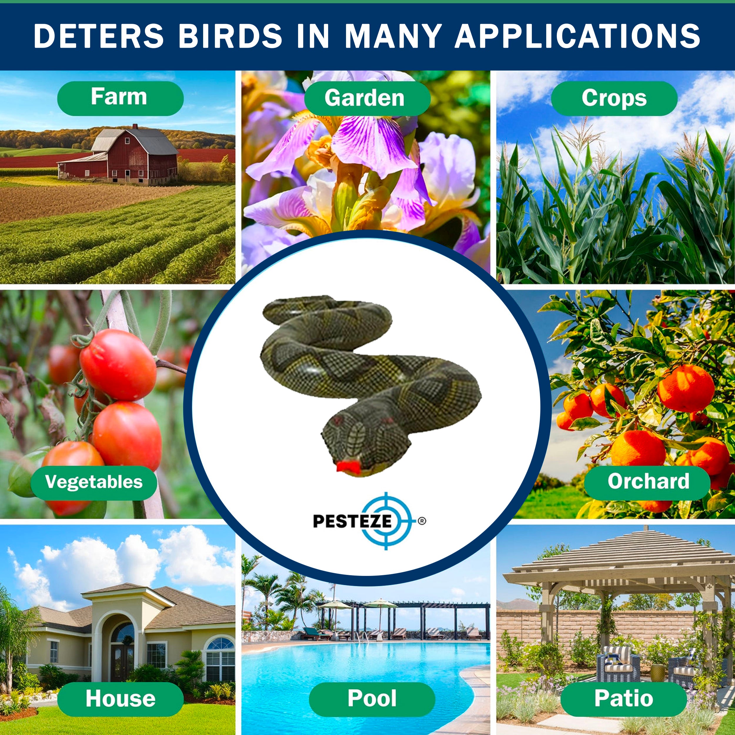 PESTEZE® USA Green 39 Inch Realistic Inflatable Snakes [1 Pack] Deters Pest Birds like Woodpeckers, Sparrows, Pigeons, Crows, Gulls & Critters from Pools & Yards without Harming them to Protect Property