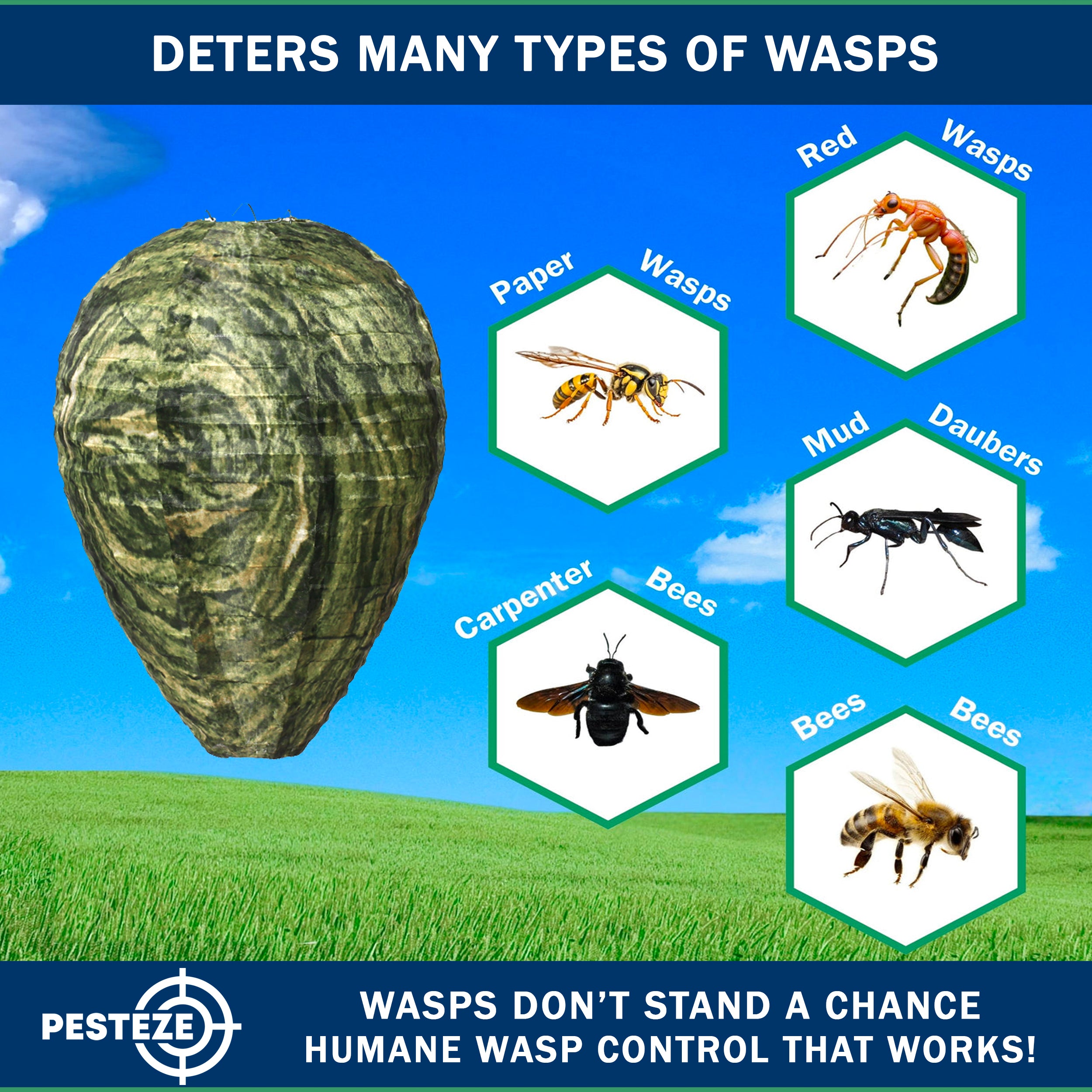 PESTEZE® USA Green Camo Waterproof Hanging Wasp Decoy Nest [11.8 x 8.6 Inch] Deters Several Wasp, Hornet & Yellow Jacket Species by Simulating Enemy Hives.
