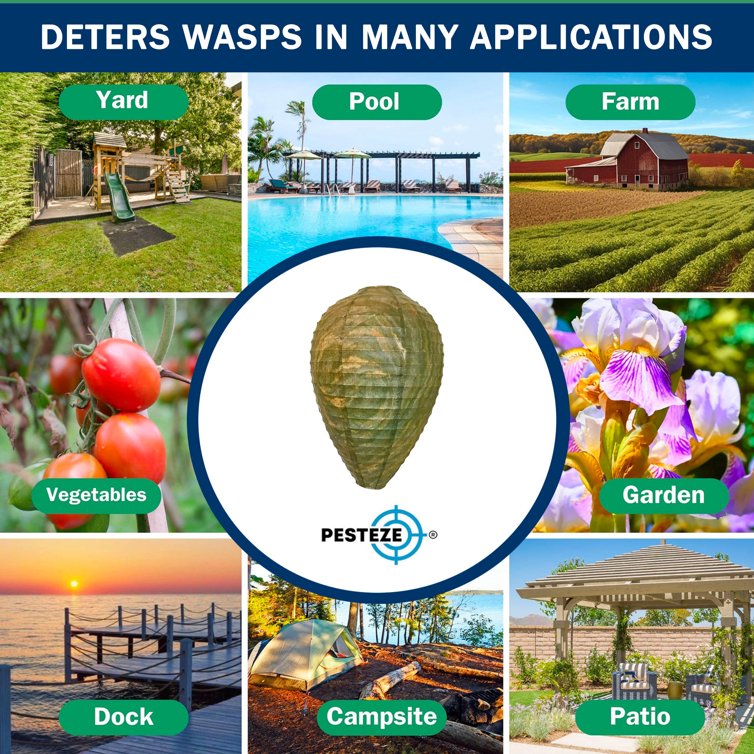 PESTEZE® USA Green Camo Paper Hanging Wasp Decoy Nest [11.8 x 8.6 Inch] Deters Several Wasp, Hornet & Yellow Jacket Species without Harsh Chemicals by Simulating Enemy Hives.