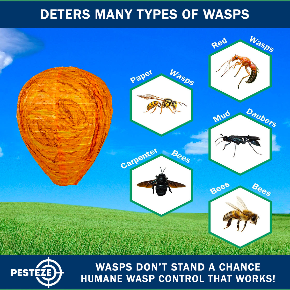PESTEZE® USA 2 Pack Cloth Waterproof Wasp Nest Decoy 11.8 x 8.6 Inch — Faux Hornet Hive Deterrent Helps Deter Wasps, Hornets & Yellow Jacket Species by Simulating Territorial Enemy Hives for Protection