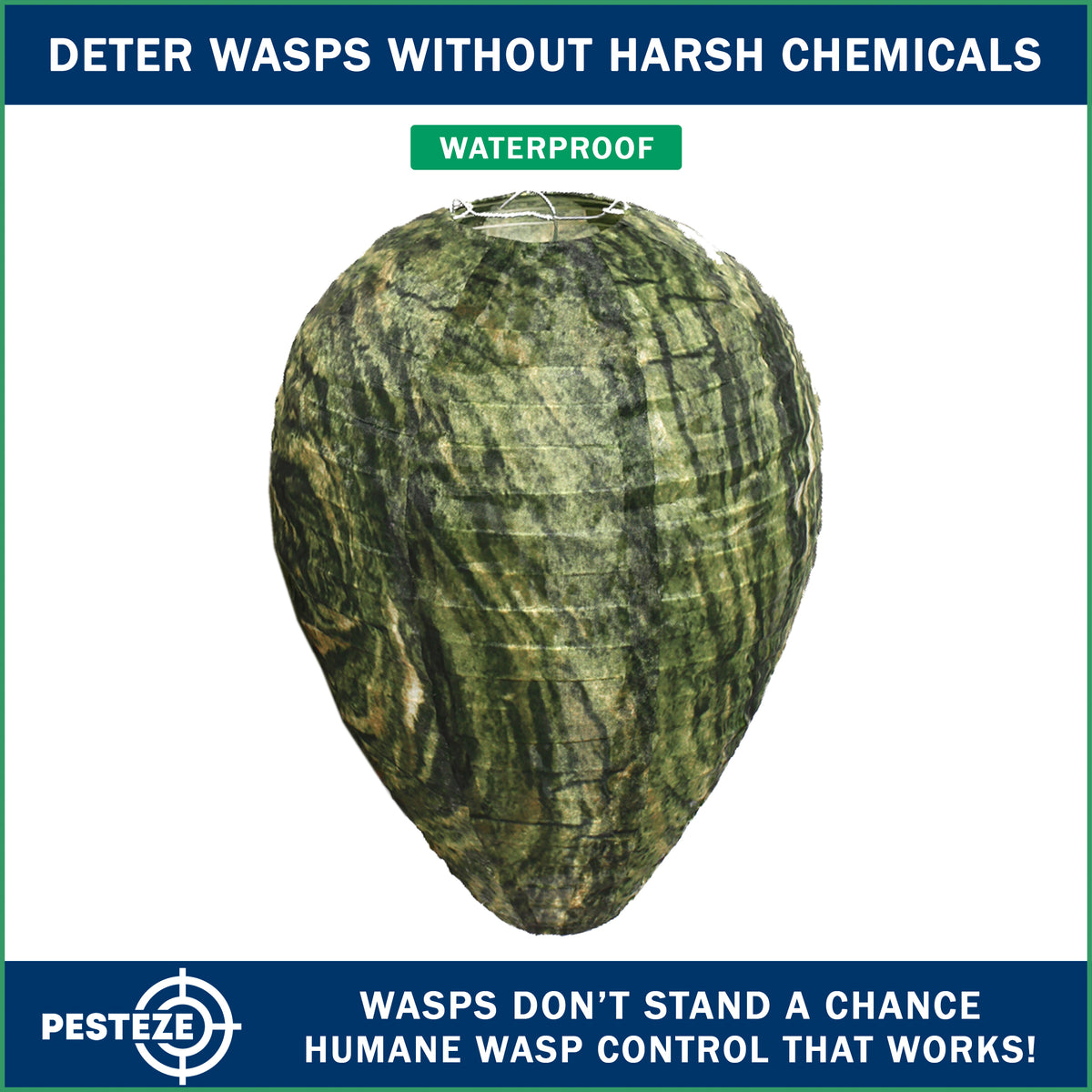 PESTEZE® USA Green Camo Waterproof Hanging Wasp Decoy Nest [11.8 x 8.6 Inch] Deters Several Wasp, Hornet & Yellow Jacket Species by Simulating Enemy Hives.