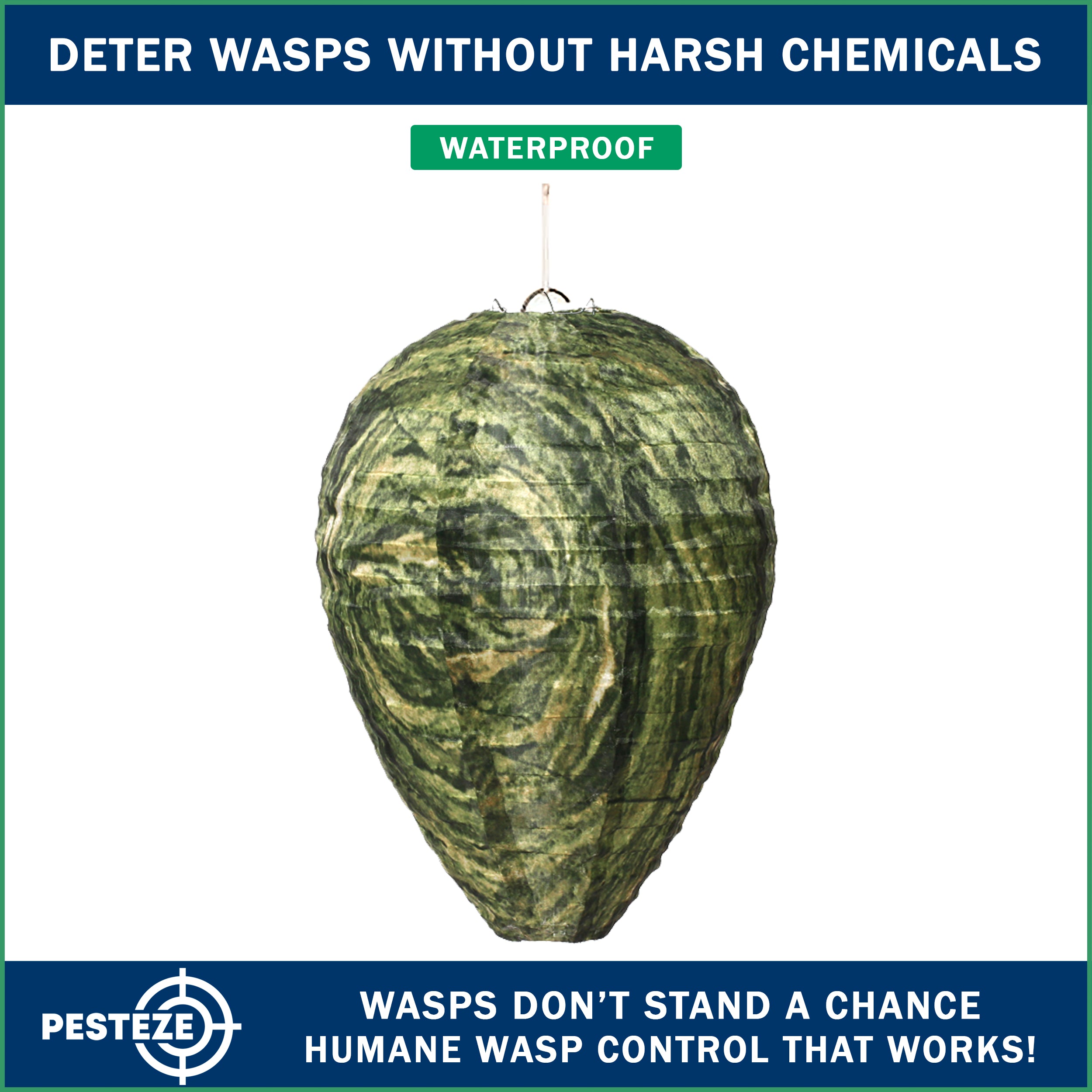 PESTEZE® USA Green Camo Waterproof Hanging Wasp Decoy Nest [11.8 x 8.6 Inch] Deters Several Wasp, Hornet & Yellow Jacket Species by Simulating Enemy Hives.