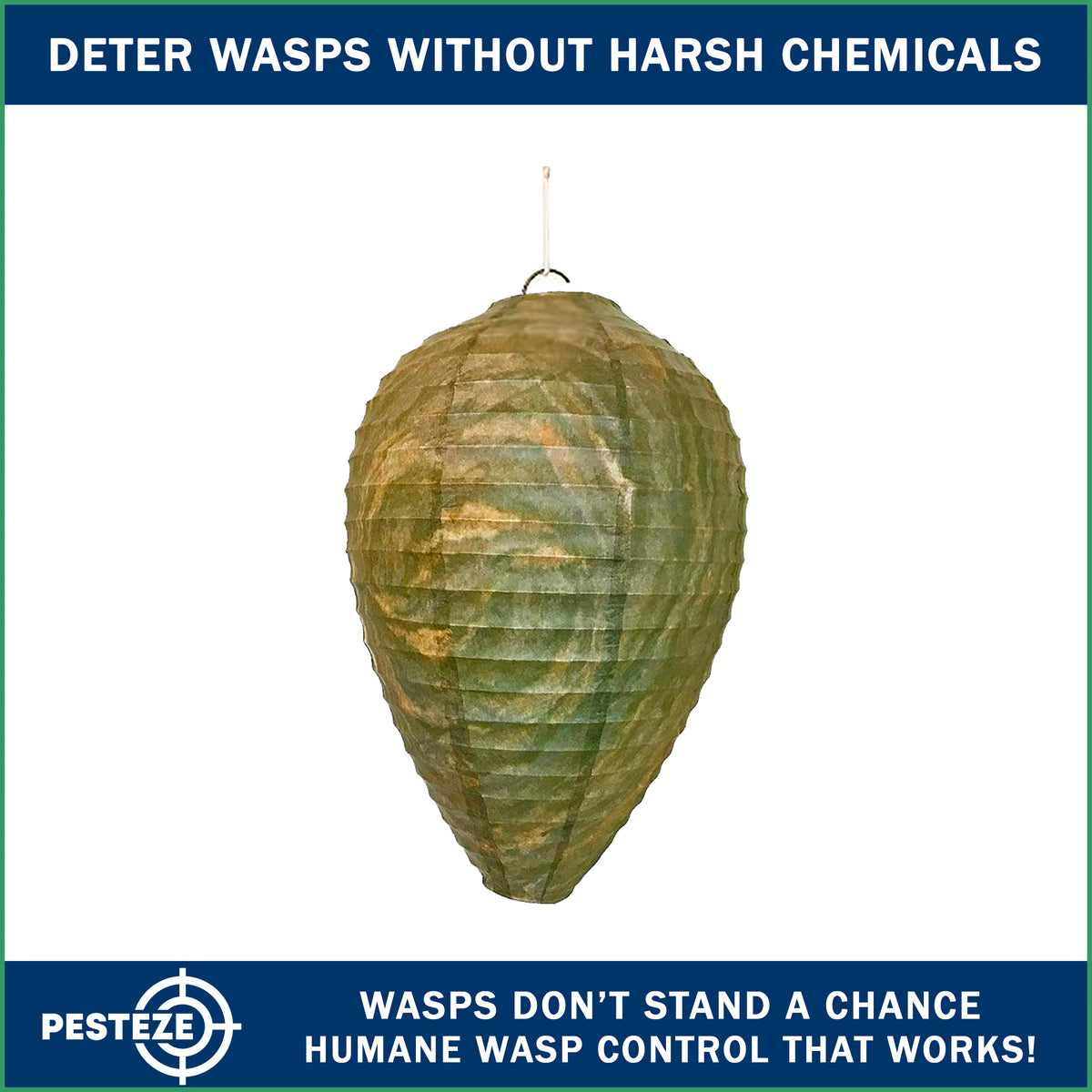 PESTEZE® USA Green Camo Paper Hanging Wasp Decoy Nest [11.8 x 8.6 Inch] Deters Several Wasp, Hornet & Yellow Jacket Species without Harsh Chemicals by Simulating Enemy Hives.