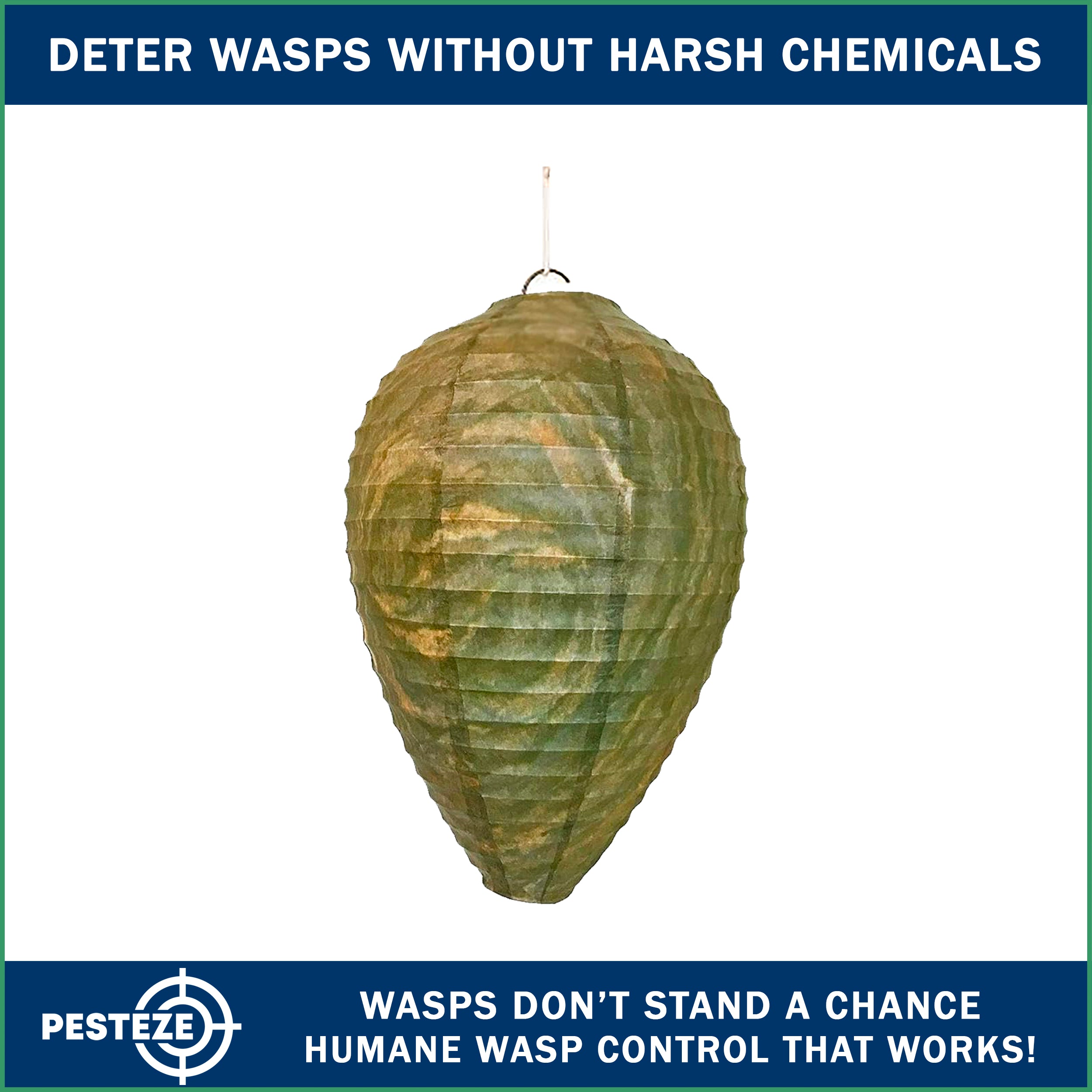 PESTEZE® USA Green Camo Paper Hanging Wasp Decoy Nest [11.8 x 8.6 Inch] Deters Several Wasp, Hornet & Yellow Jacket Species without Harsh Chemicals by Simulating Enemy Hives.