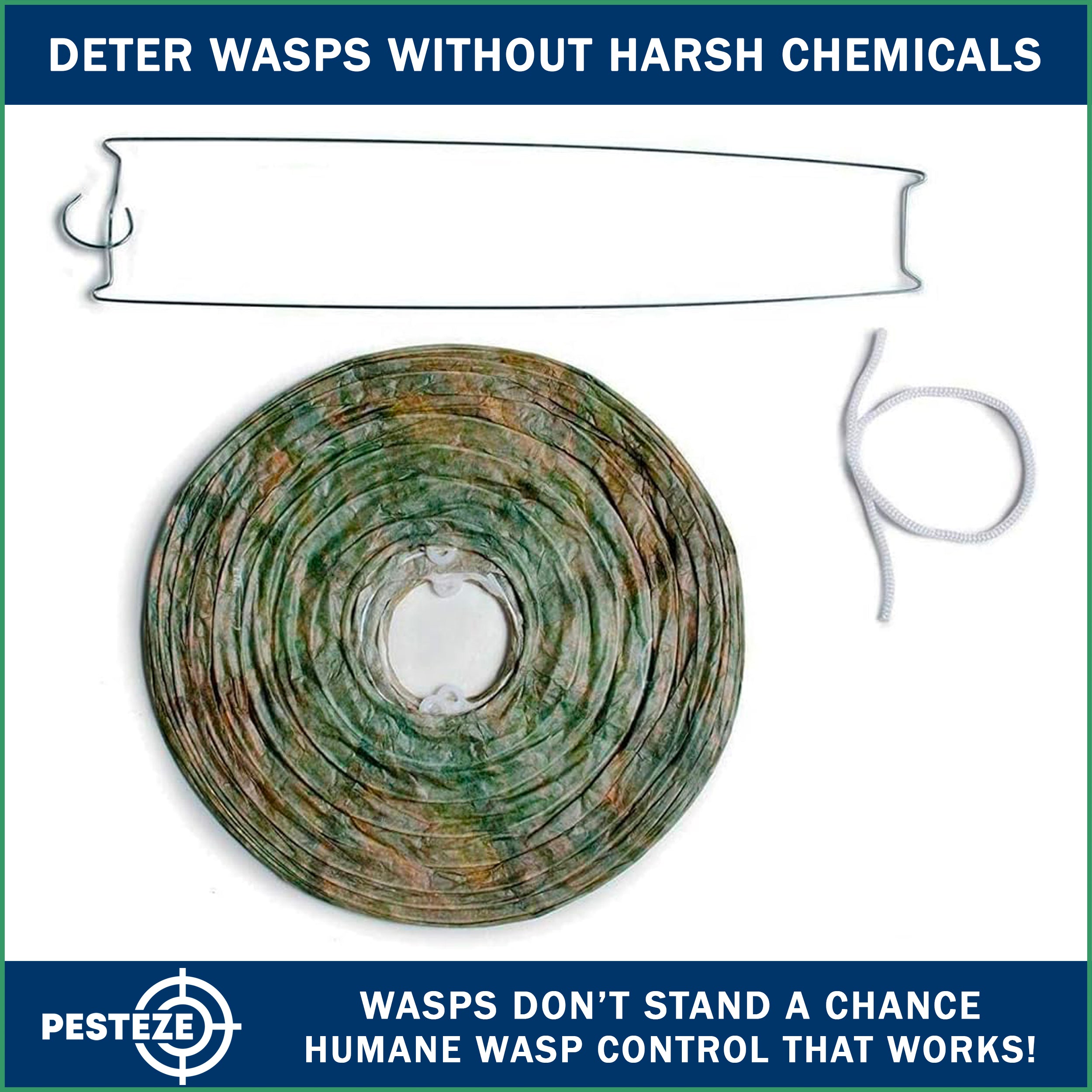 PESTEZE® USA Green Camo Paper Hanging Wasp Decoy Nest [11.8 x 8.6 Inch] Deters Several Wasp, Hornet & Yellow Jacket Species without Harsh Chemicals by Simulating Enemy Hives.