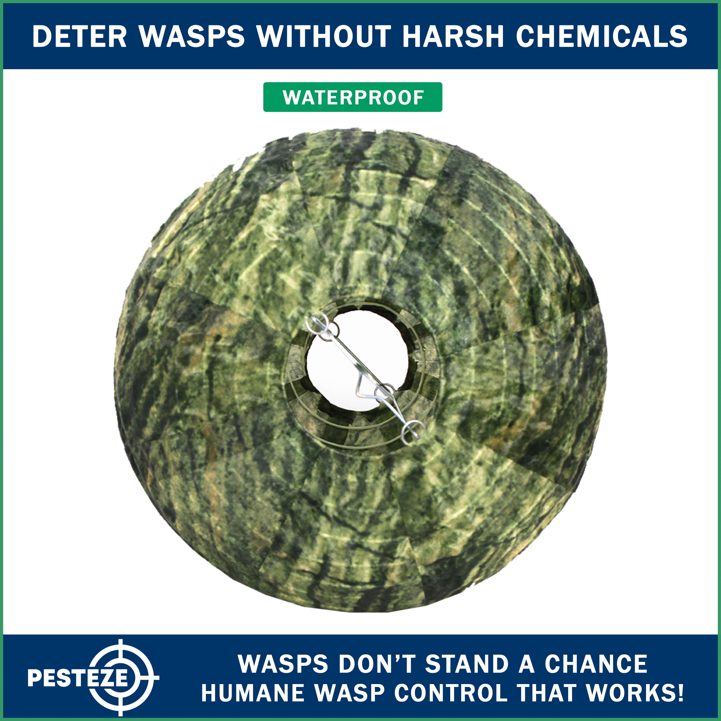 PESTEZE® USA Green Camo Waterproof Hanging Wasp Decoy Nest [11.8 x 8.6 Inch] Deters Several Wasp, Hornet & Yellow Jacket Species by Simulating Enemy Hives.
